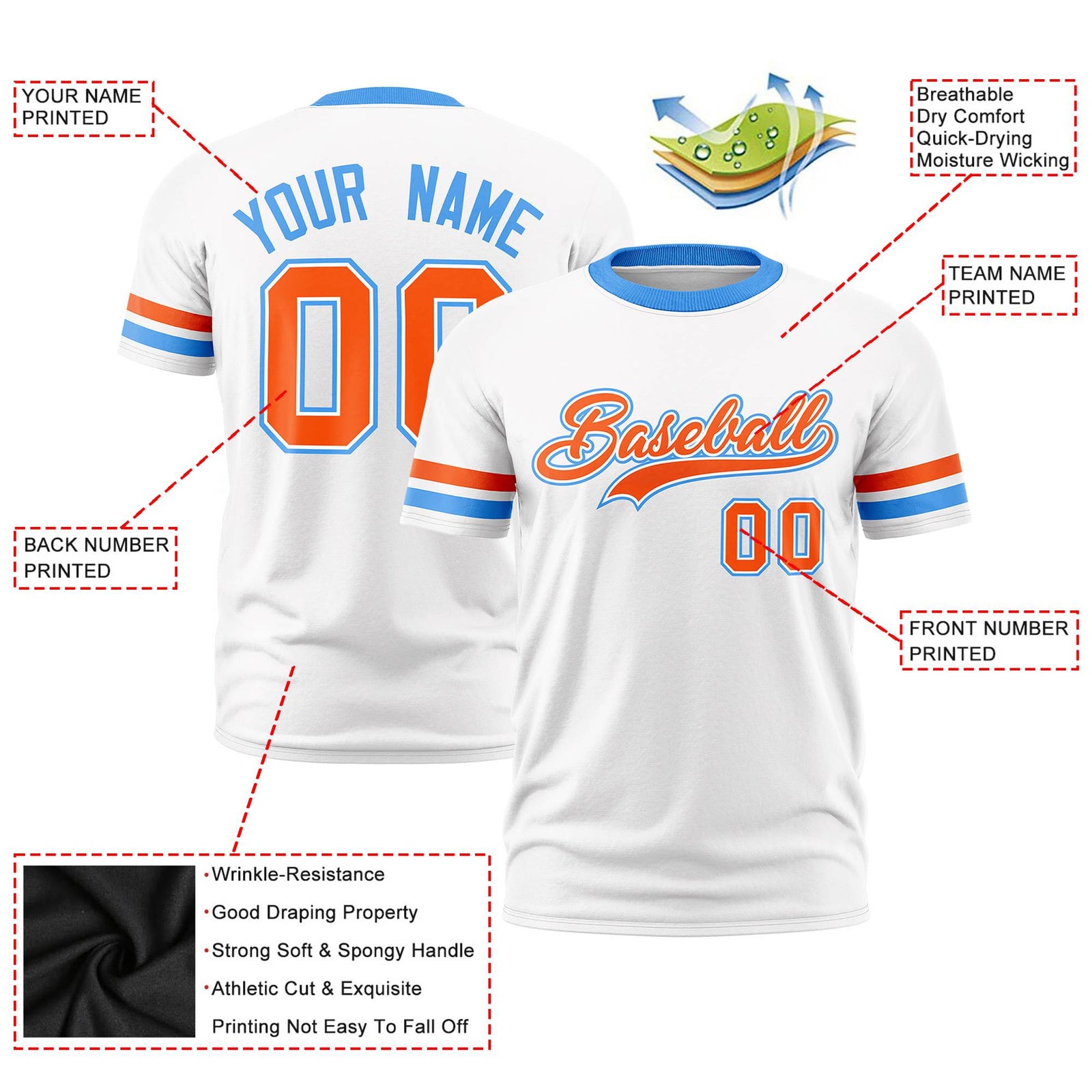 Custom White Orange-Powder Blue Color Block Design Performance T-Shirt