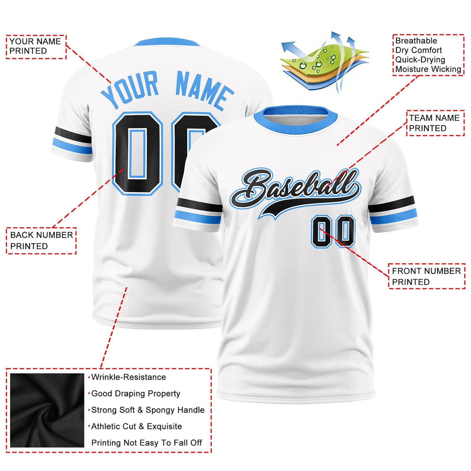 Custom White Black-Powder Blue Color Block Design Performance T-Shirt