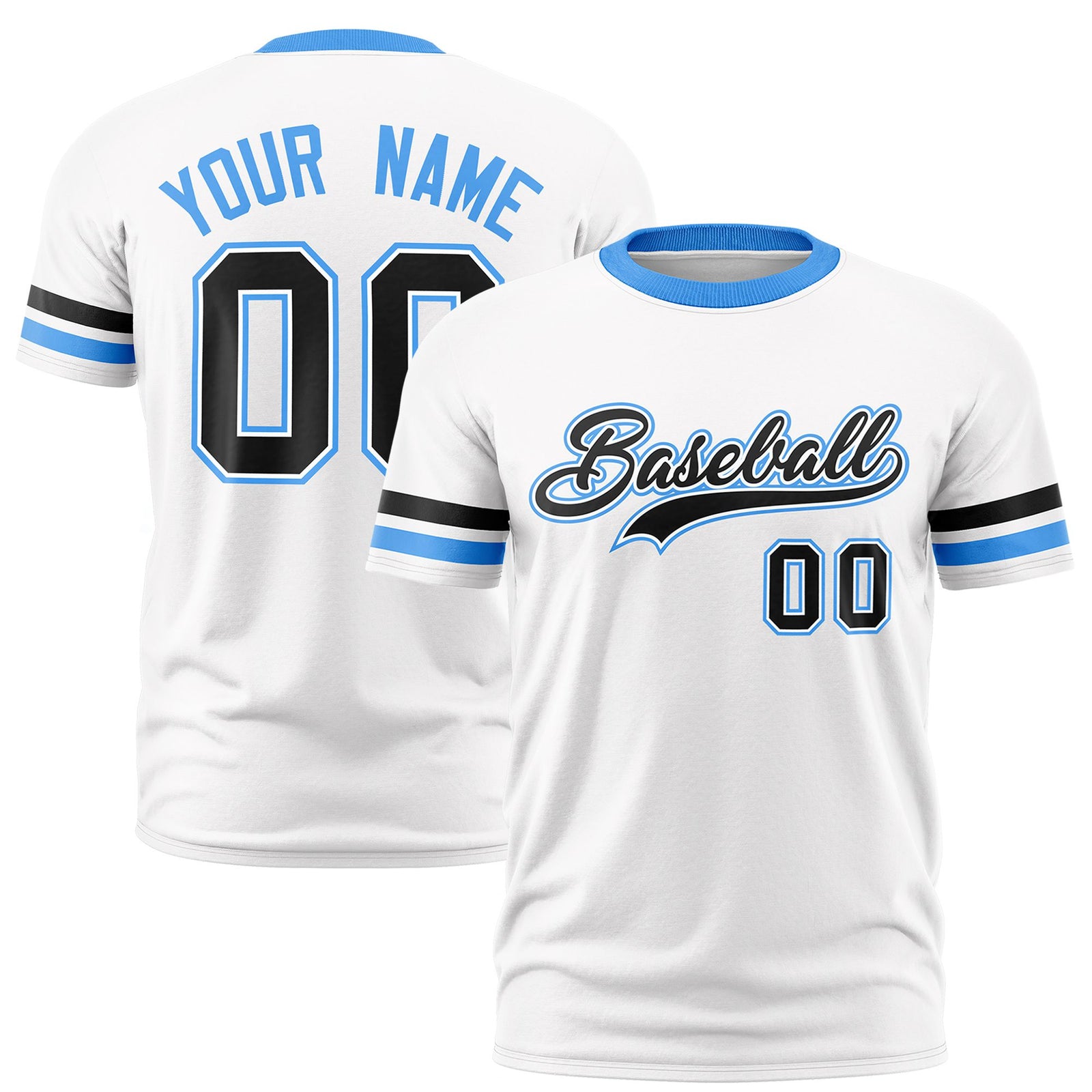 Custom White Black-Powder Blue Color Block Design Performance T-Shirt