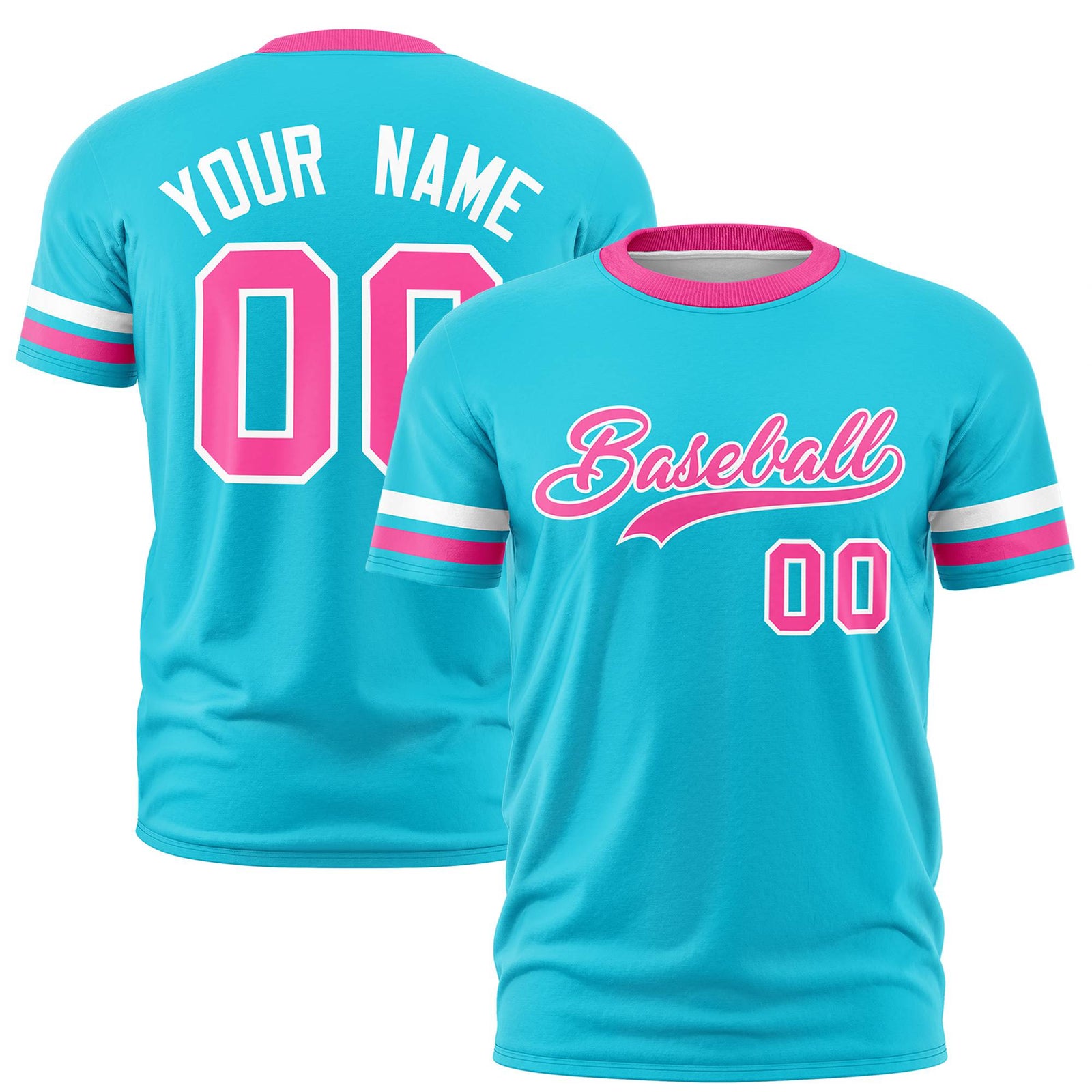 Custom Sky Blue White-Pink Color Block Design Performance T-Shirt