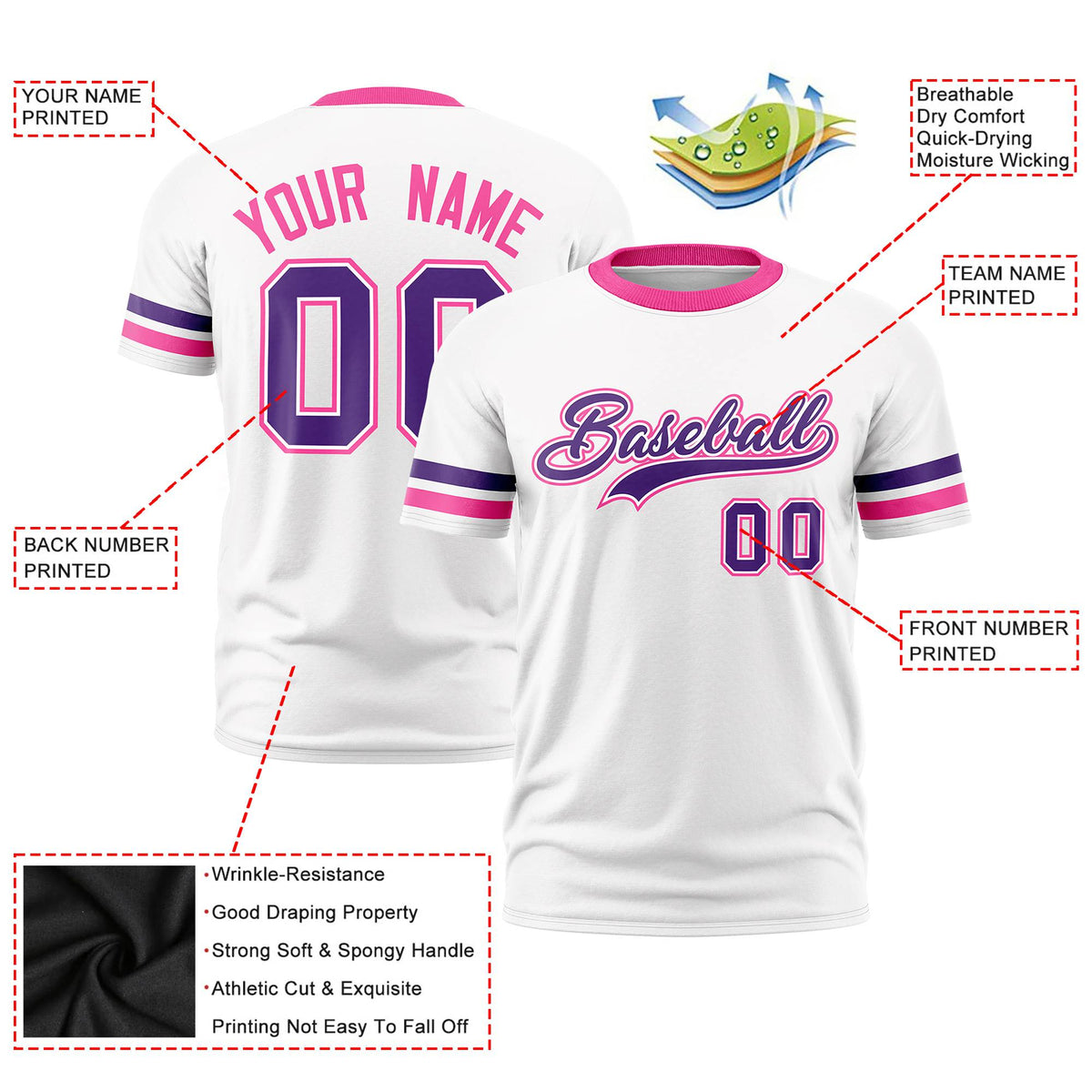 Custom White Purple-Pink Color Block Design Performance T-Shirt