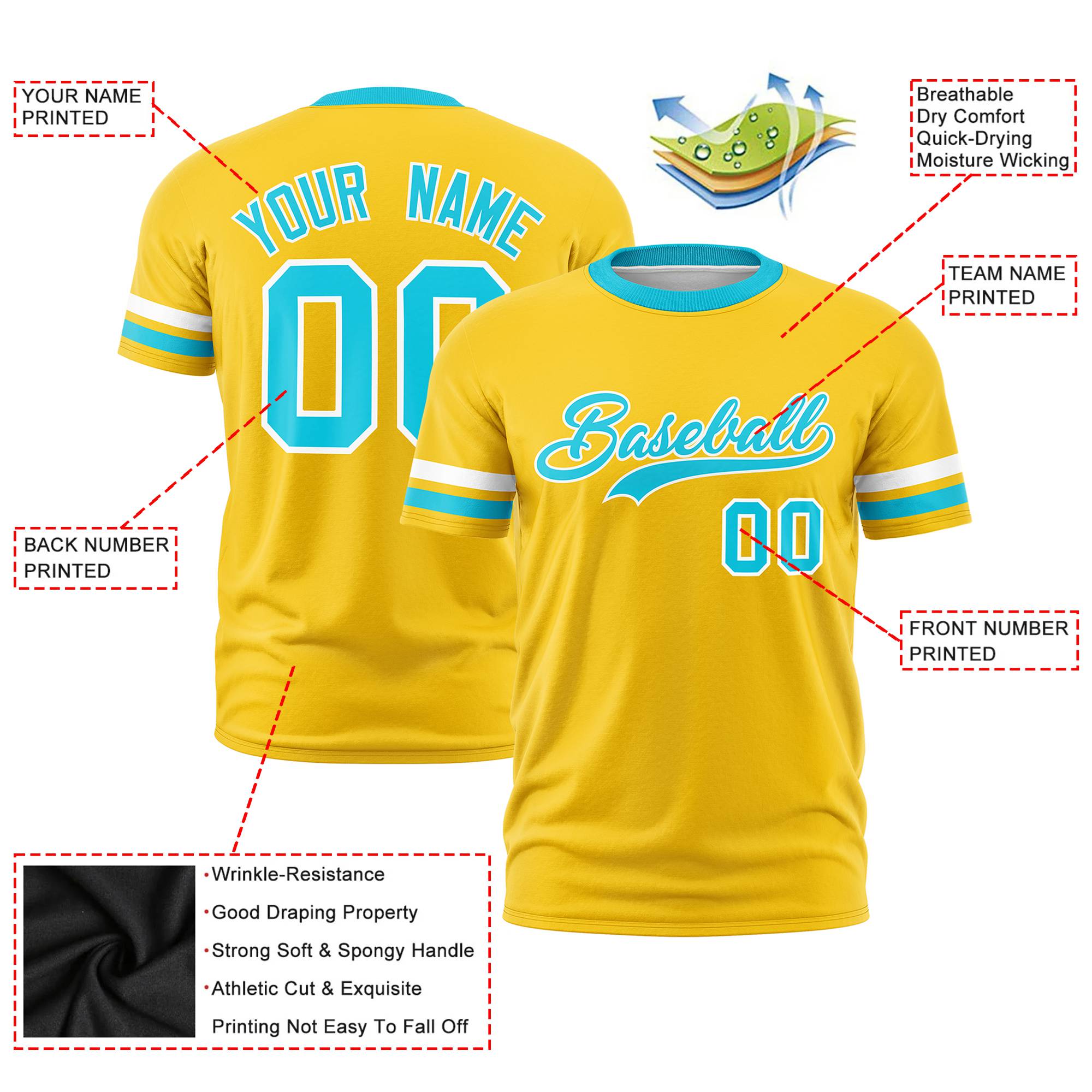 Custom Yellow White-Sky Blue Color Block Design Performance T-Shirt