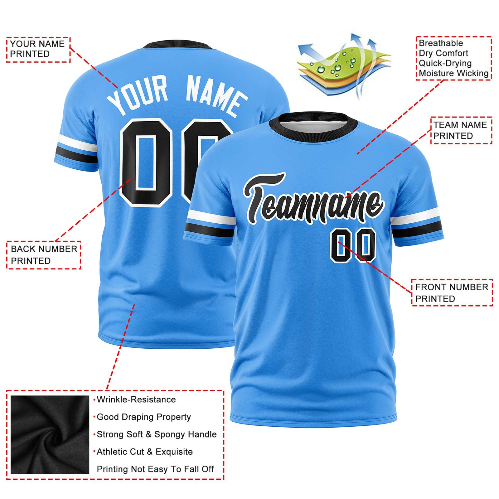 Custom Powder Blue White-Black Color Block Design Performance T-Shirt
