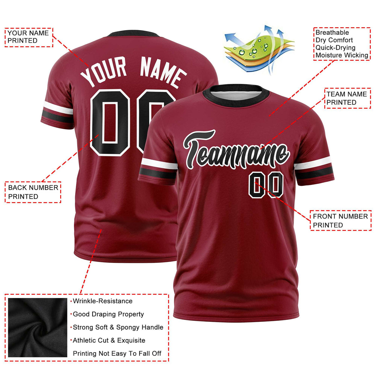 Custom Crimson White-Black Color Block Design Performance T-Shirt