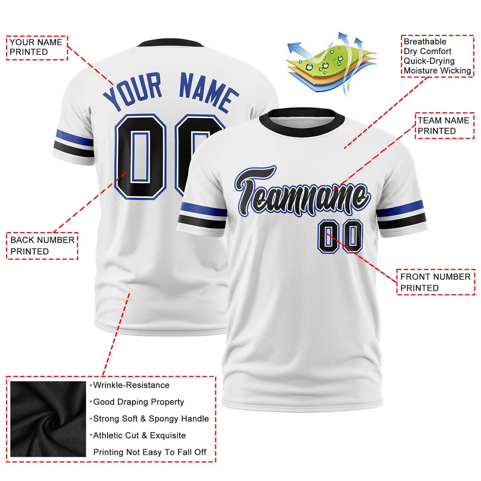 Custom White Royal Blue-Black Color Block Design Performance T-Shirt