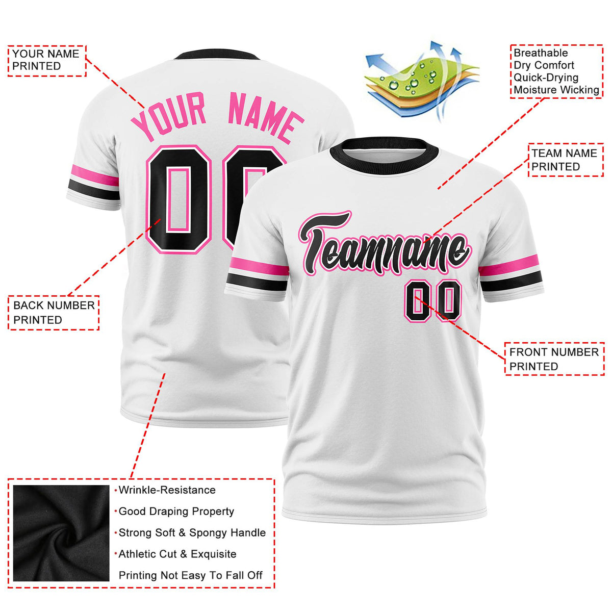 Custom White Pink-Black Color Block Design Performance T-Shirt