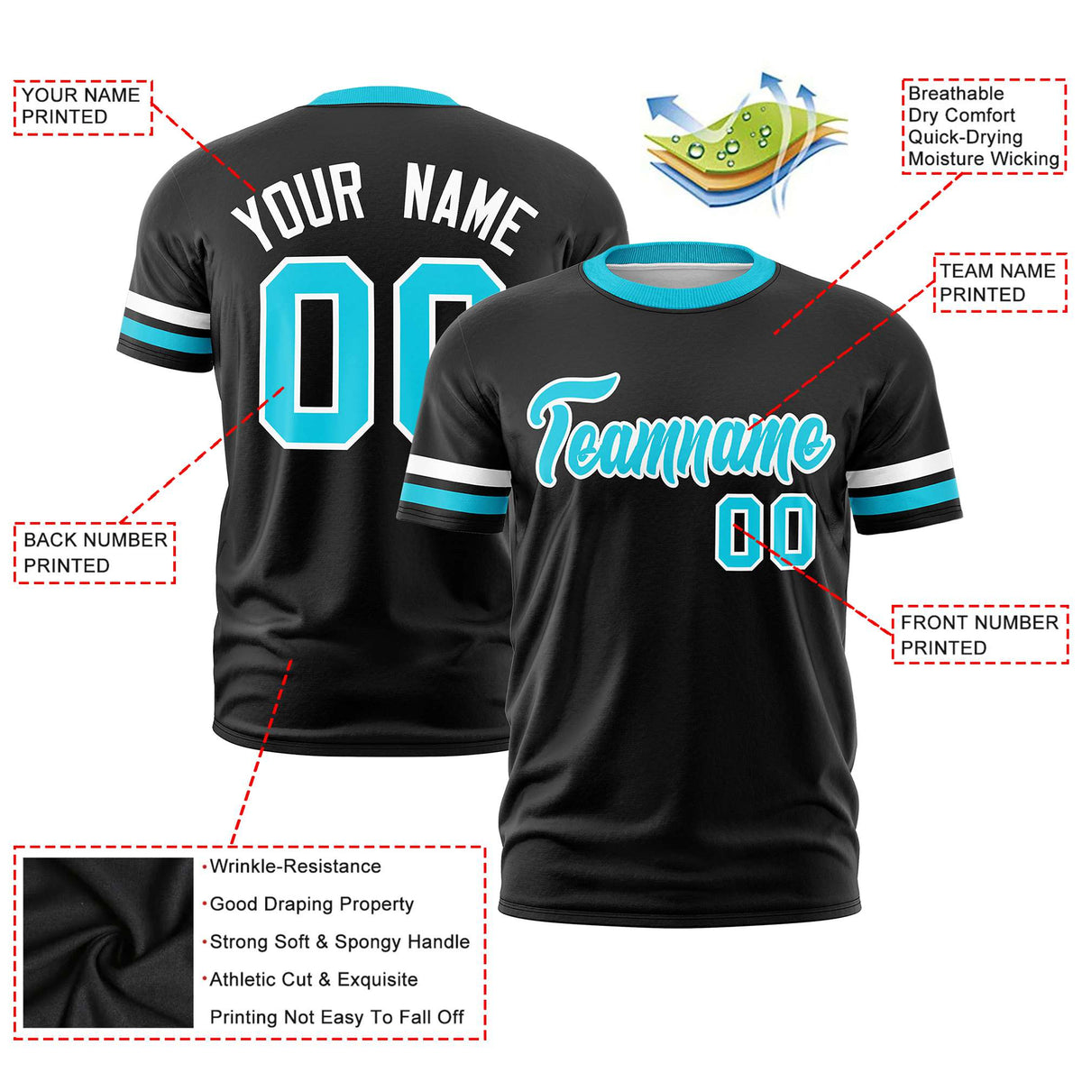 Custom Black White-Sky Blue Color Block Design Performance T-Shirt