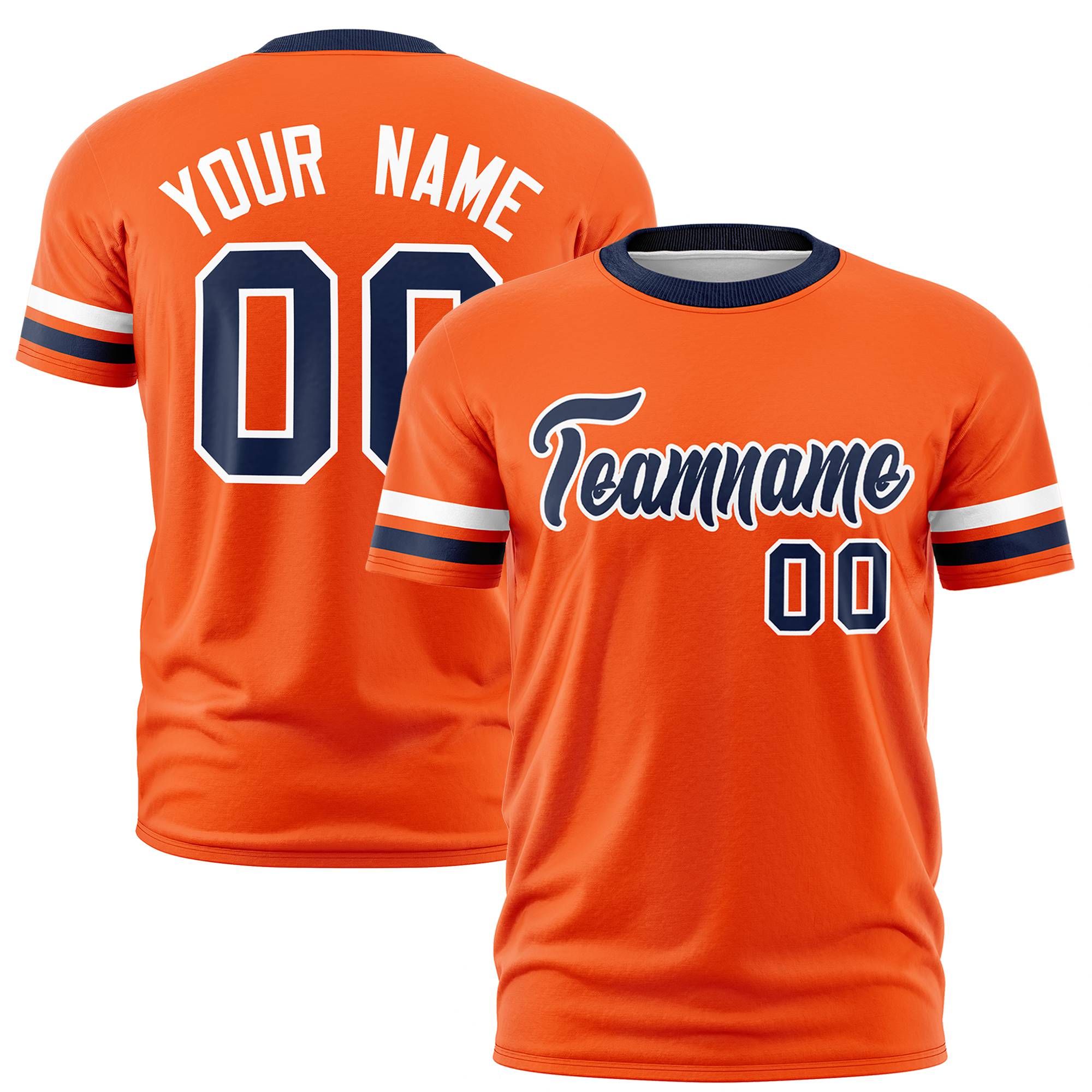 Custom Orange White-Navy Color Block Design Performance T-Shirt