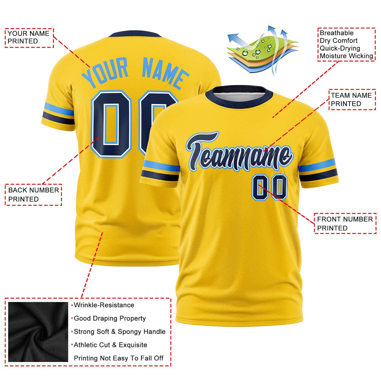 Custom Gold01 Powder Blue-Navy Color Block Design Performance T-Shirt