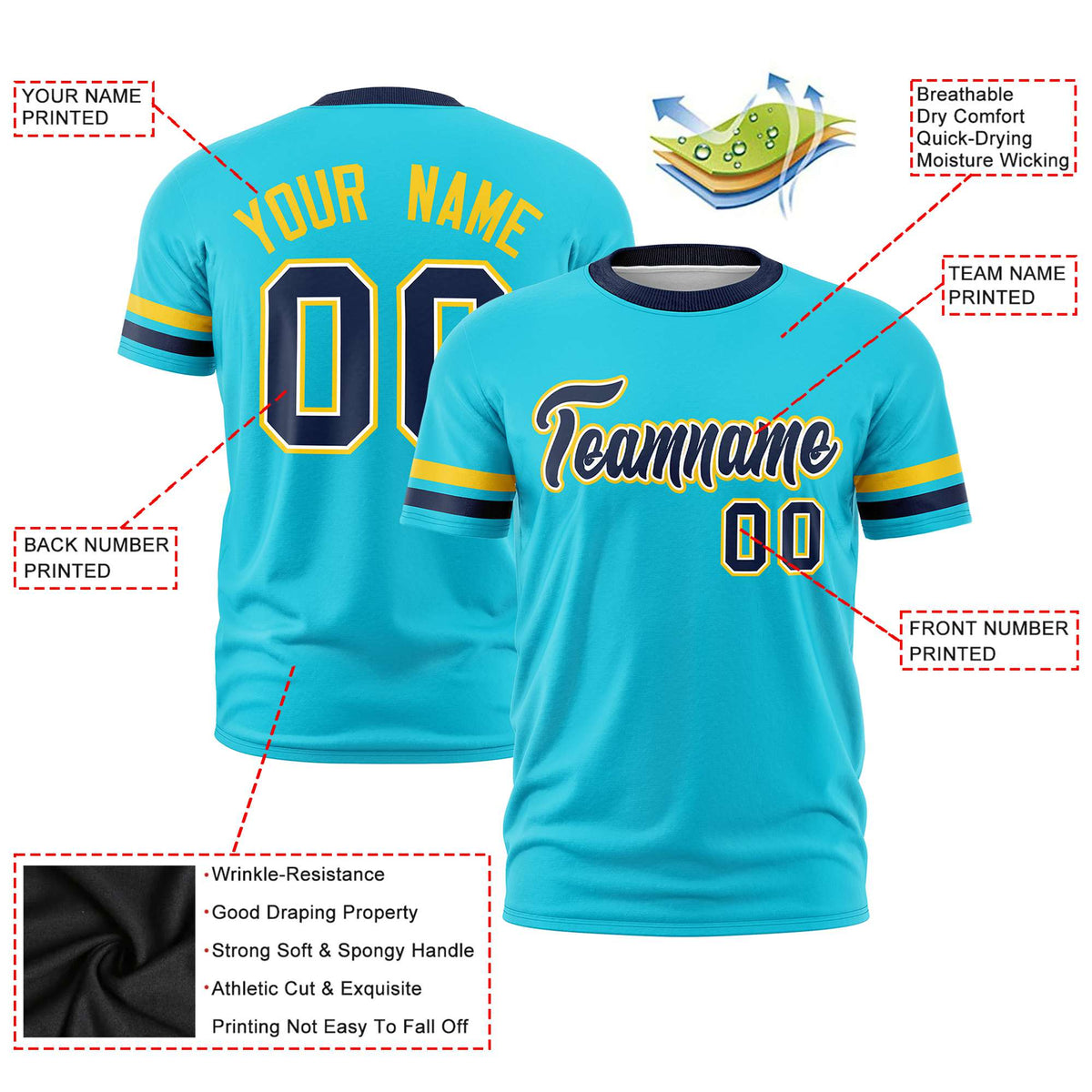 Custom Sky Blue Gold01-Navy Color Block Design Performance T-Shirt