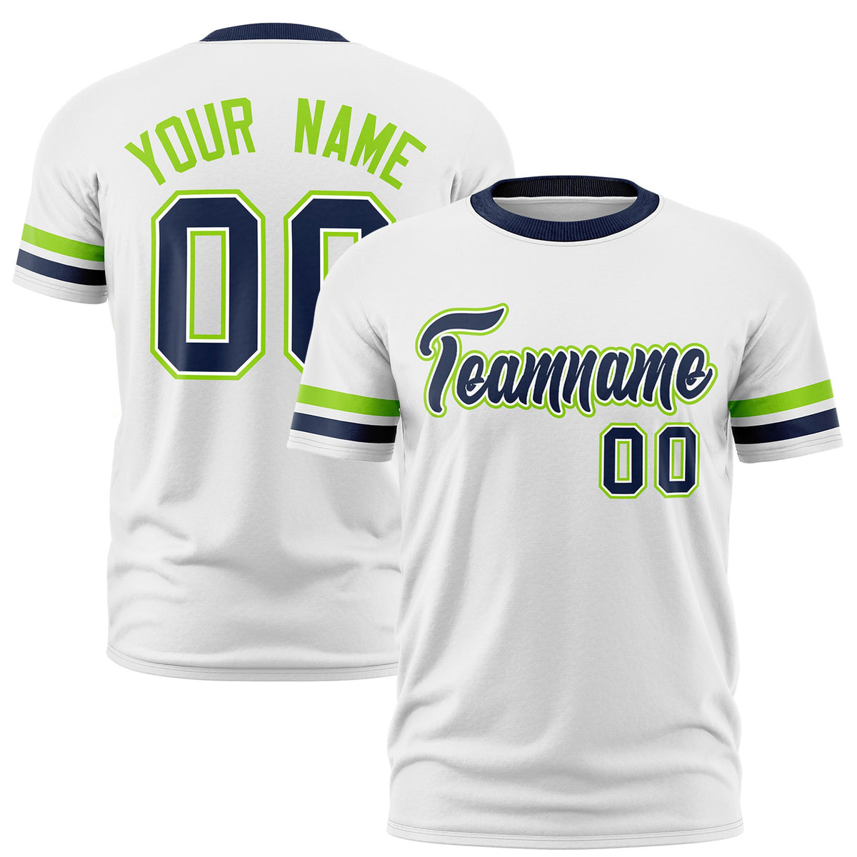 Custom White Neon Green-Navy Color Block Design Performance T-Shirt