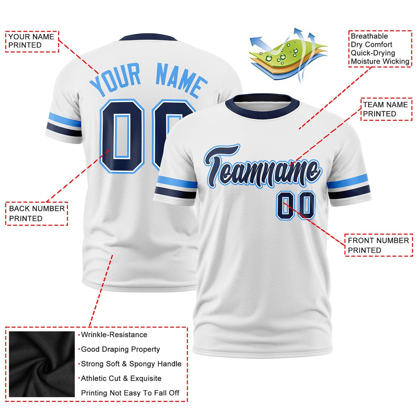 Custom White Powder Blue-Navy Color Block Design Performance T-Shirt