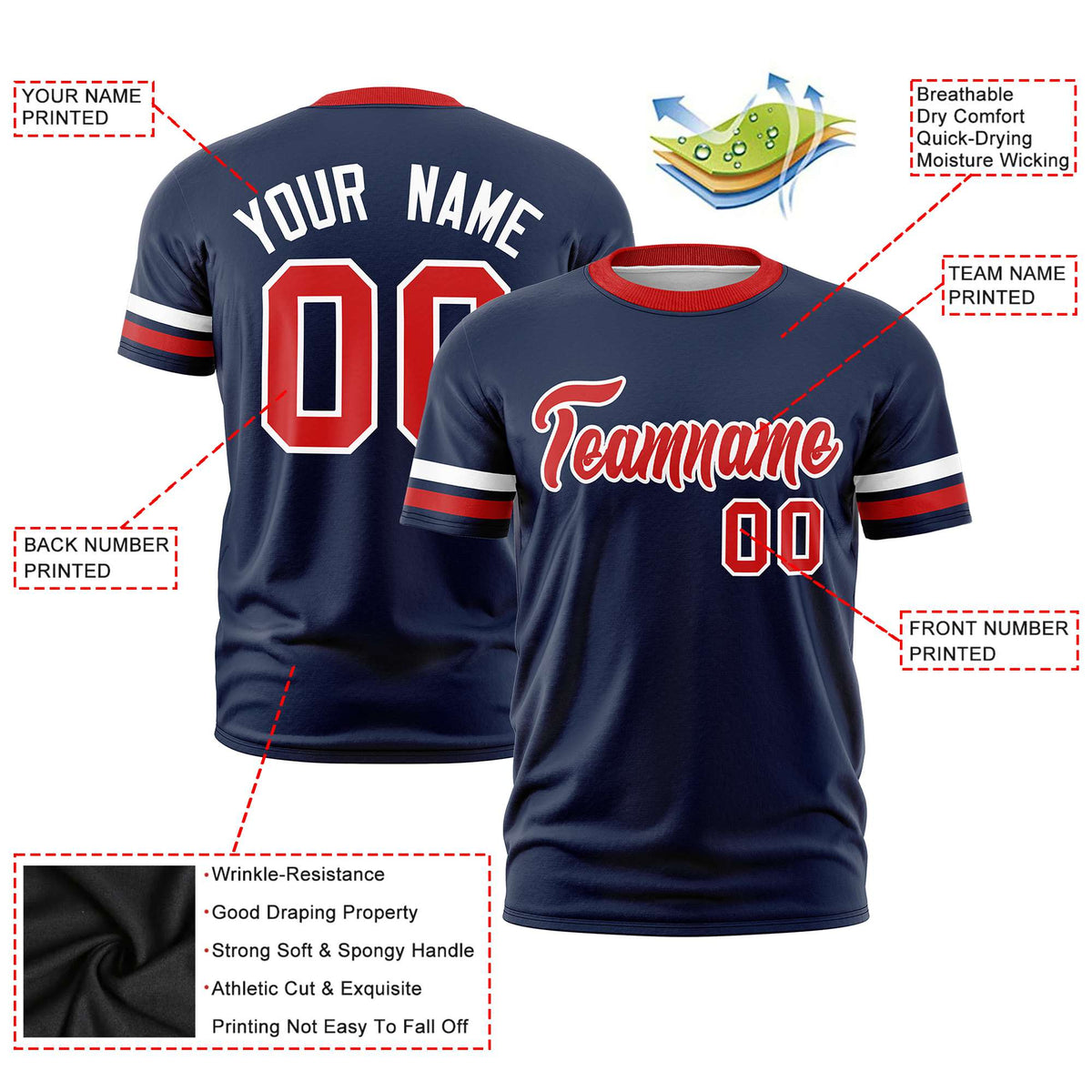 Custom Navy White-Red Color Block Design Performance T-Shirt