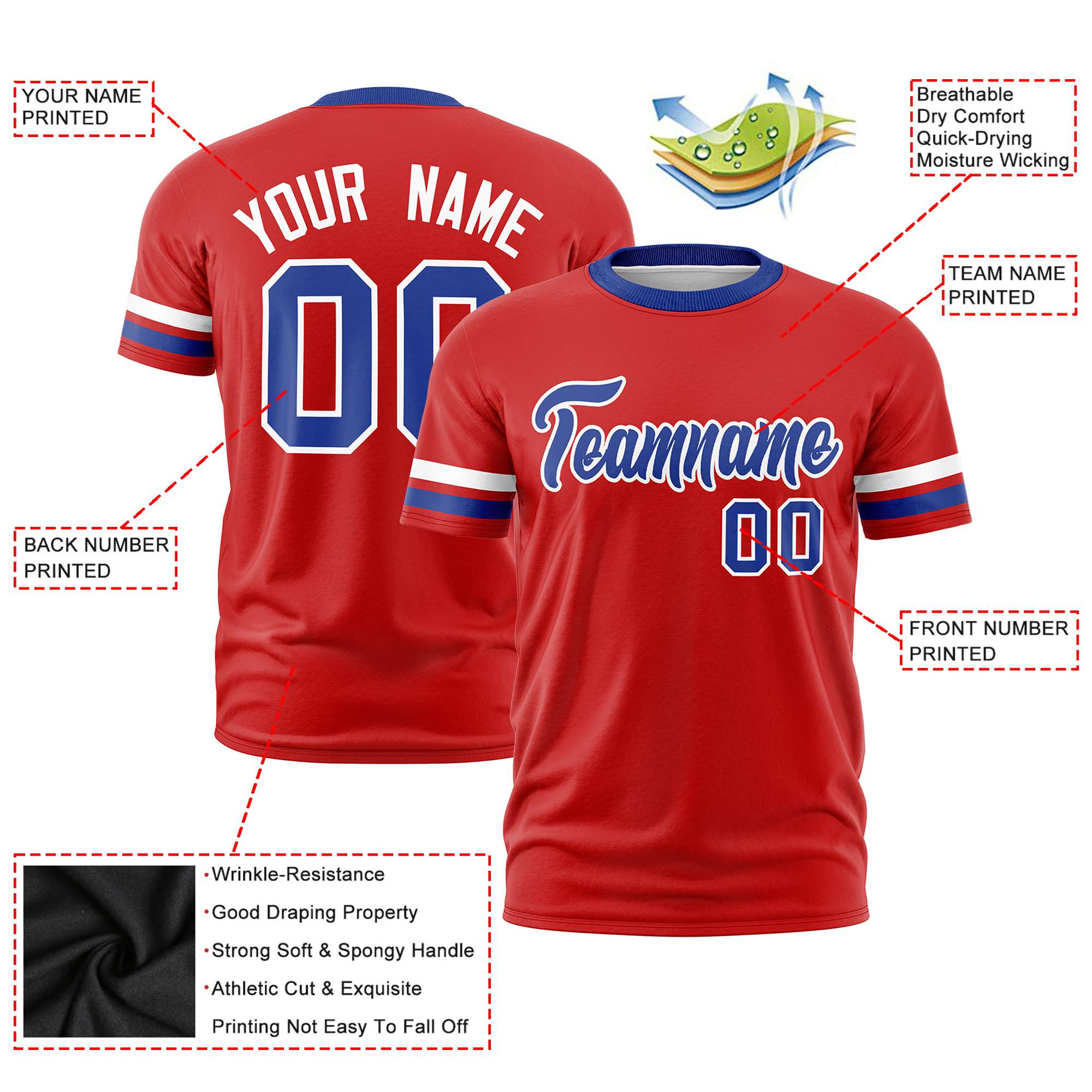 Custom Red White-Royal Blue Color Block Design Performance T-Shirt