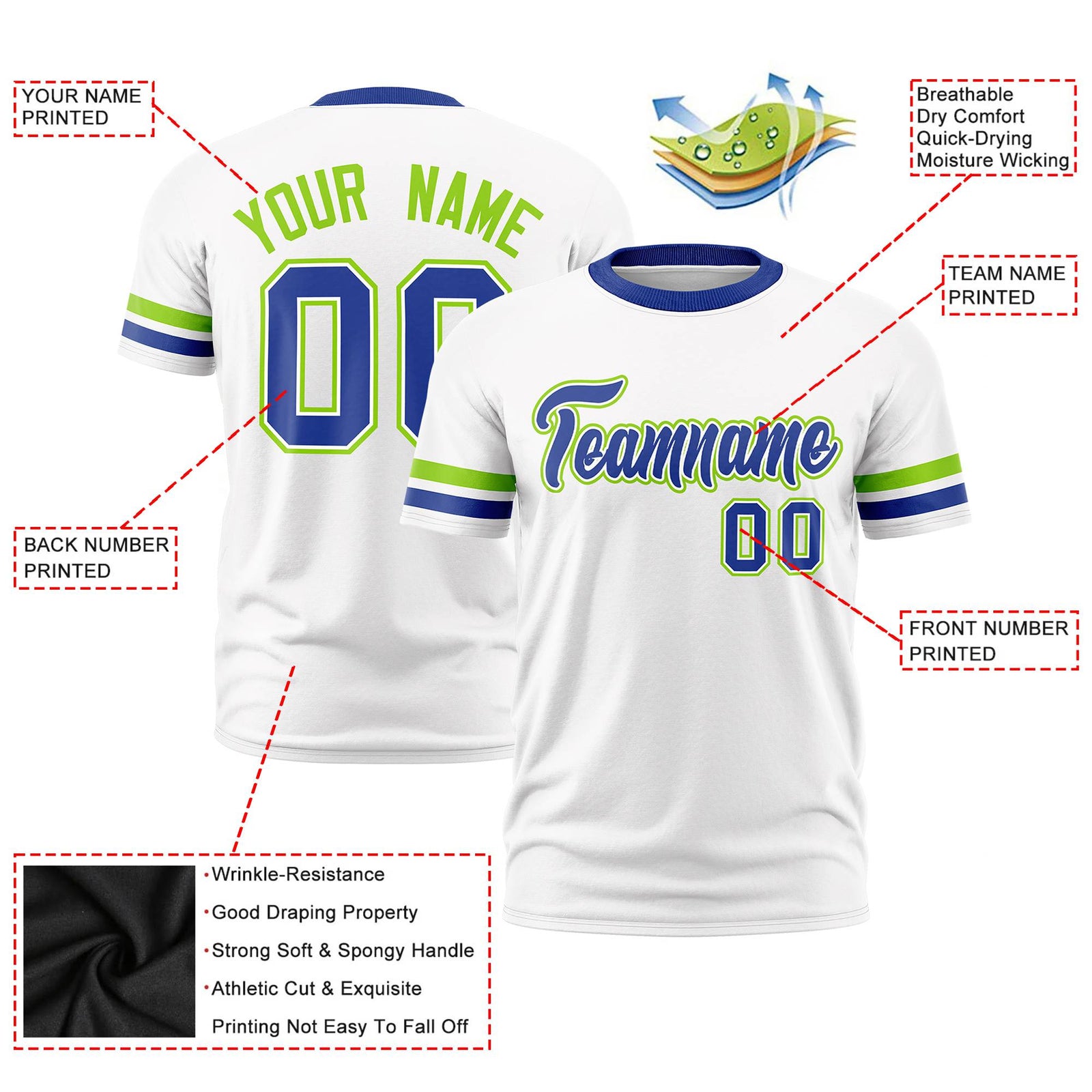 Custom White Neon Green-Royal Blue Color Block Design Performance T-Shirt