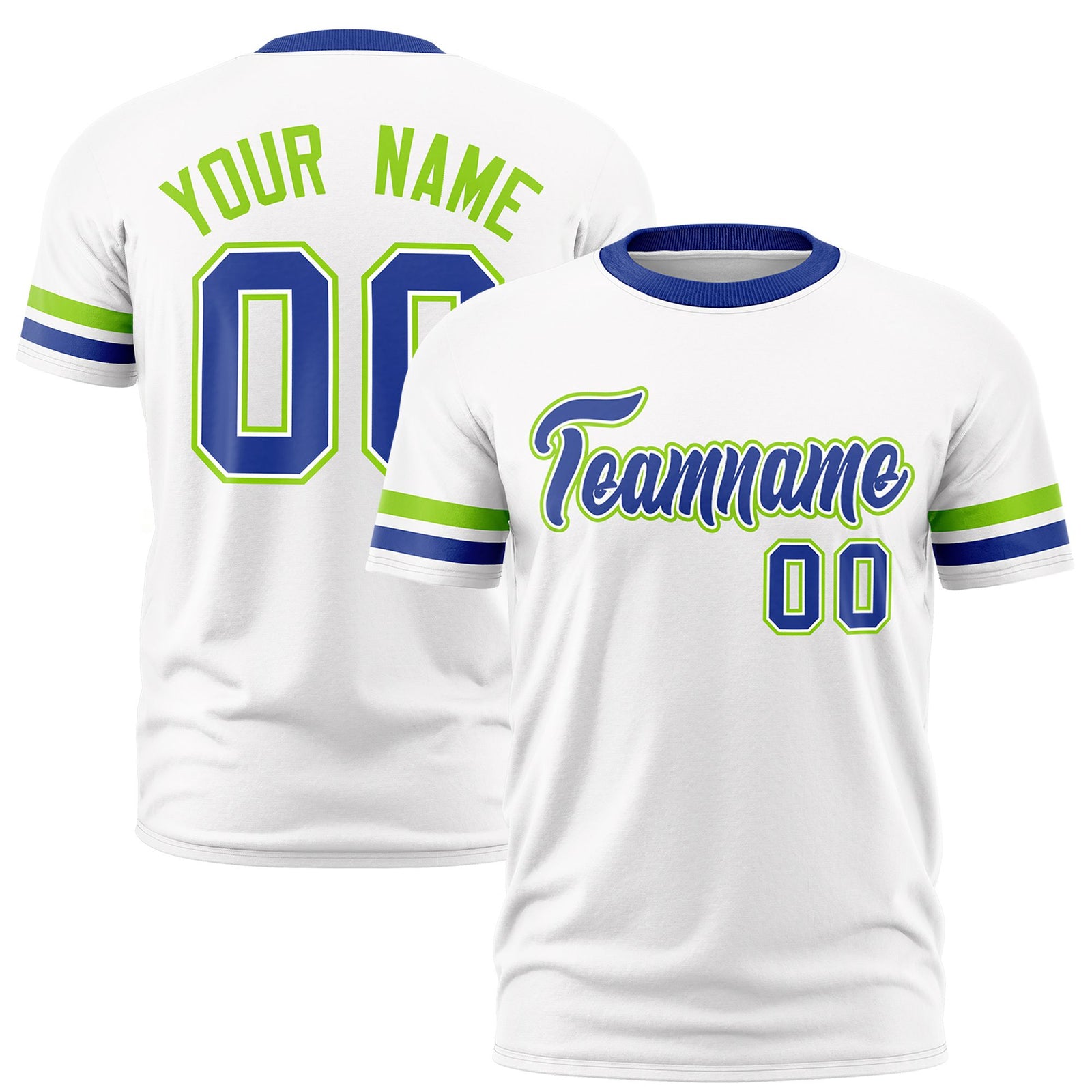 Custom White Neon Green-Royal Blue Color Block Design Performance T-Shirt