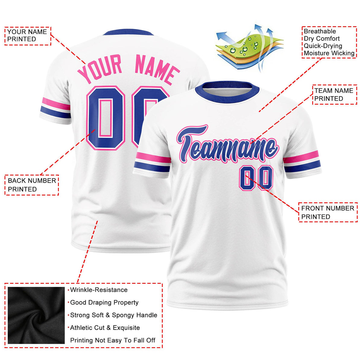 Custom White Pink-Royal Blue Color Block Design Performance T-Shirt