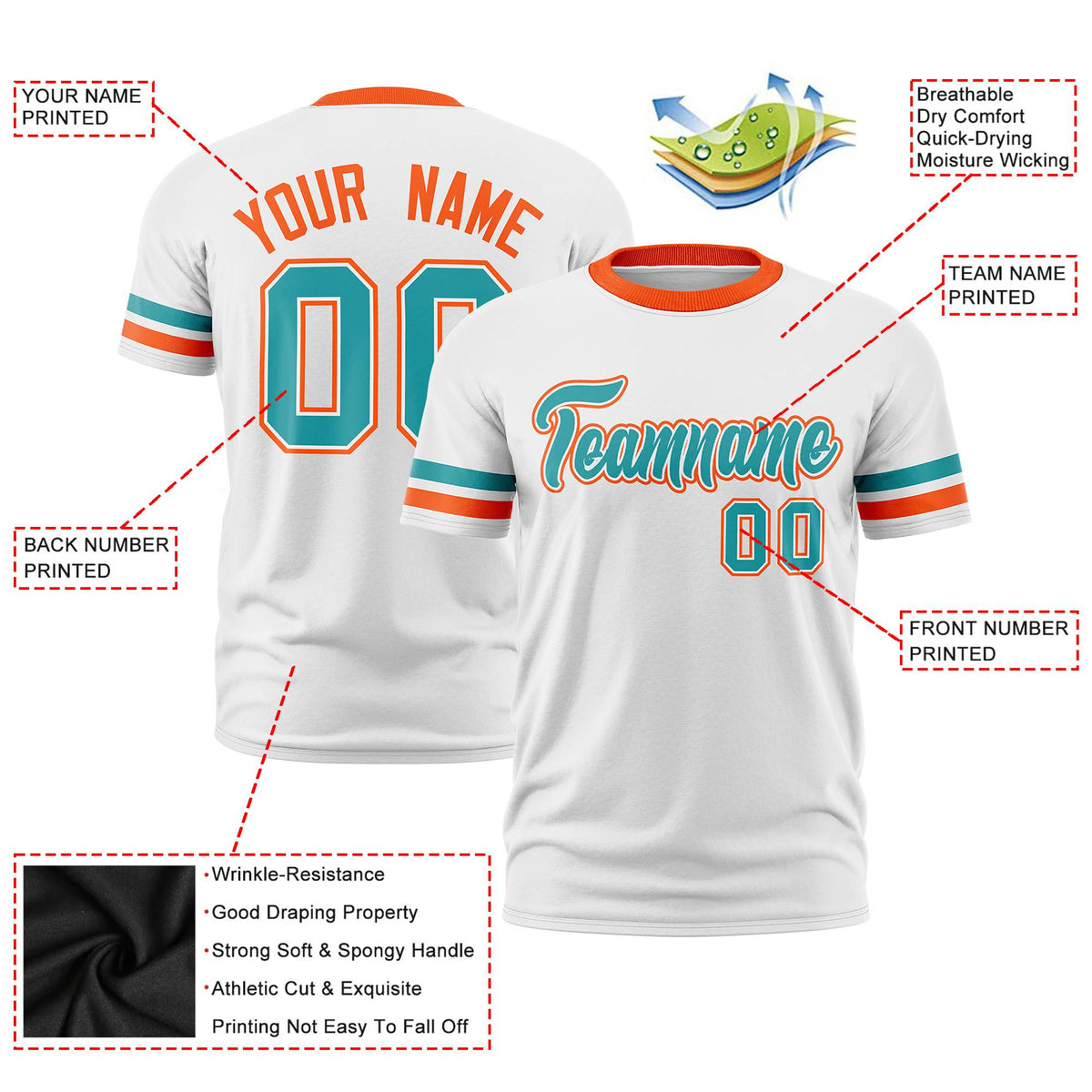 Custom White Aqua-Orange Color Block Design Performance T-Shirt