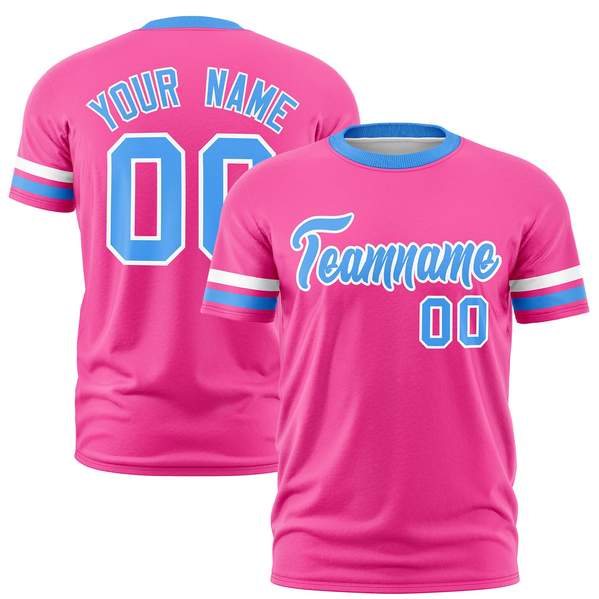 Custom Pink White-Powder Blue Color Block Design Performance T-Shirt