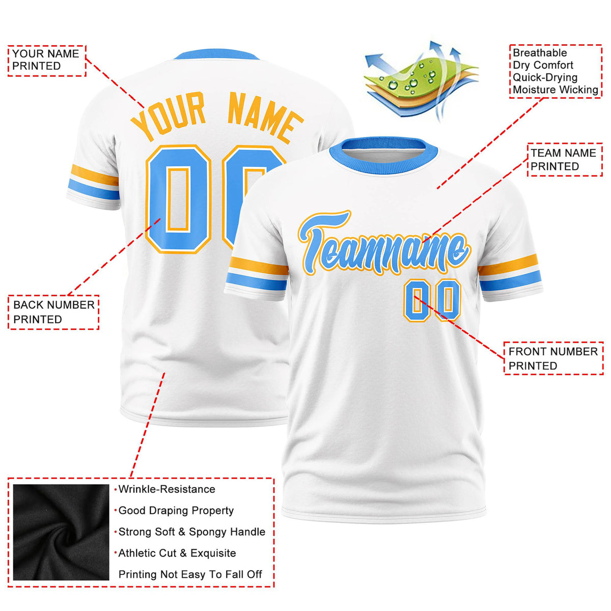 Custom White Yellow-Powder Blue Color Block Design Performance T-Shirt