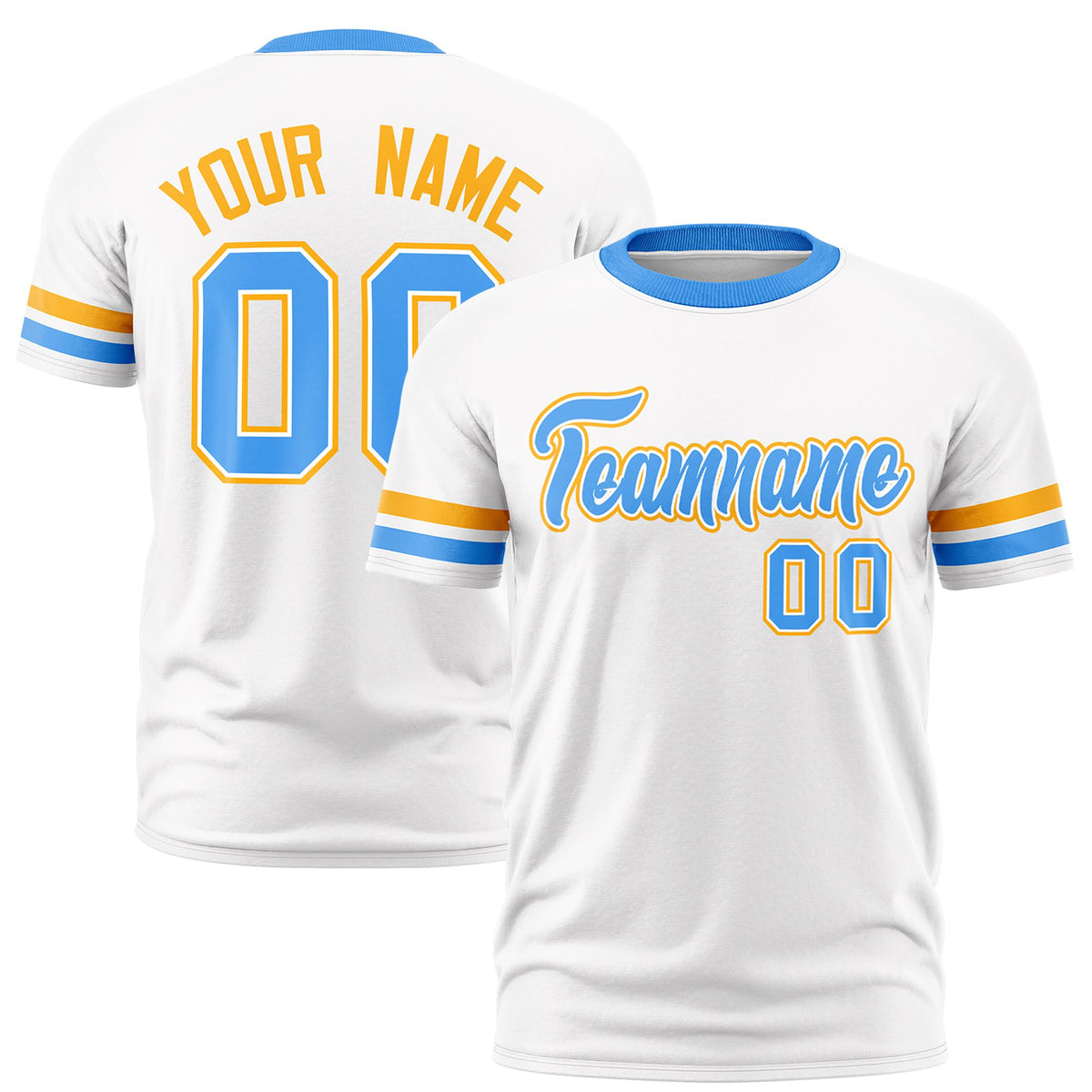Custom White Yellow-Powder Blue Color Block Design Performance T-Shirt