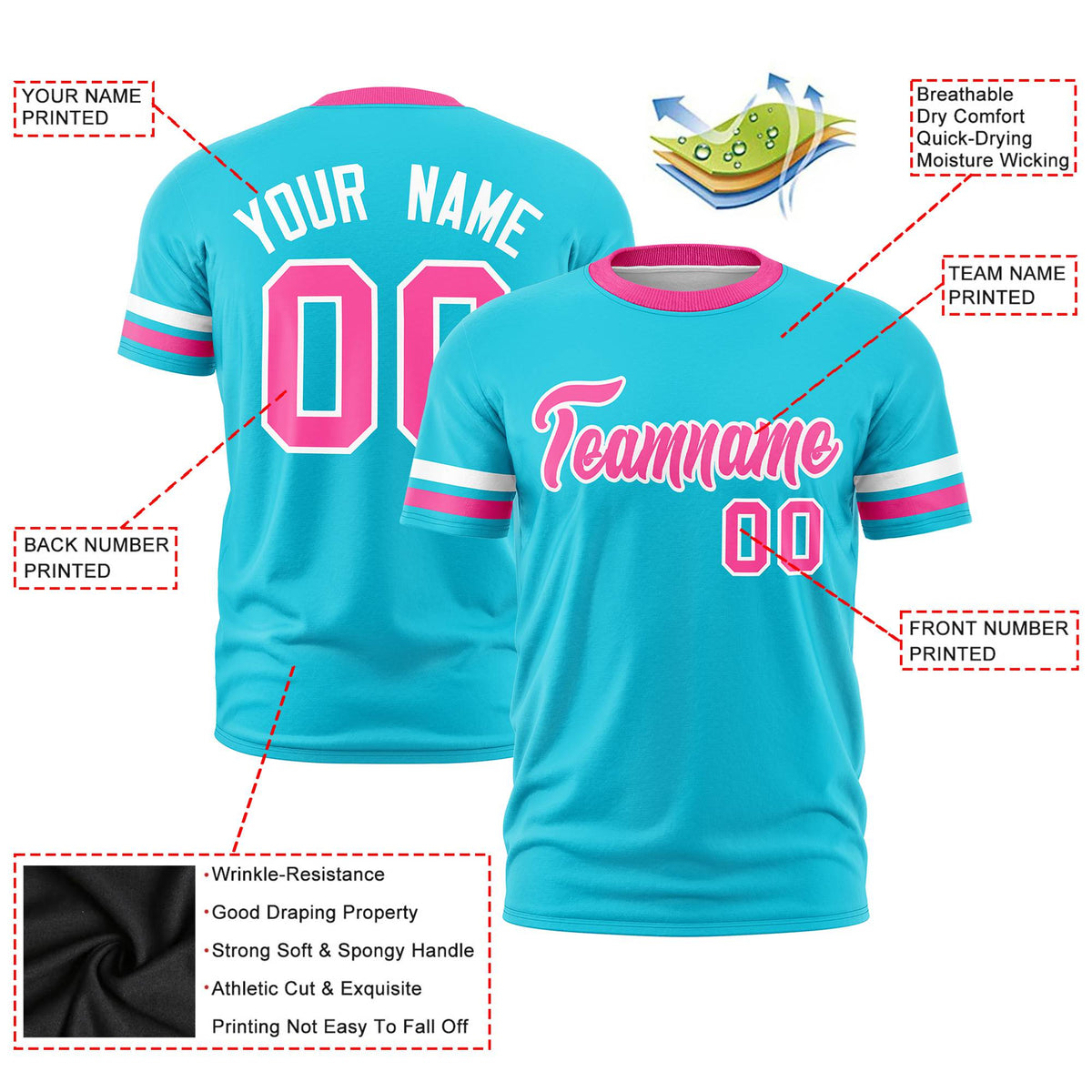 Custom Sky Blue White-Pink Color Block Design Performance T-Shirt