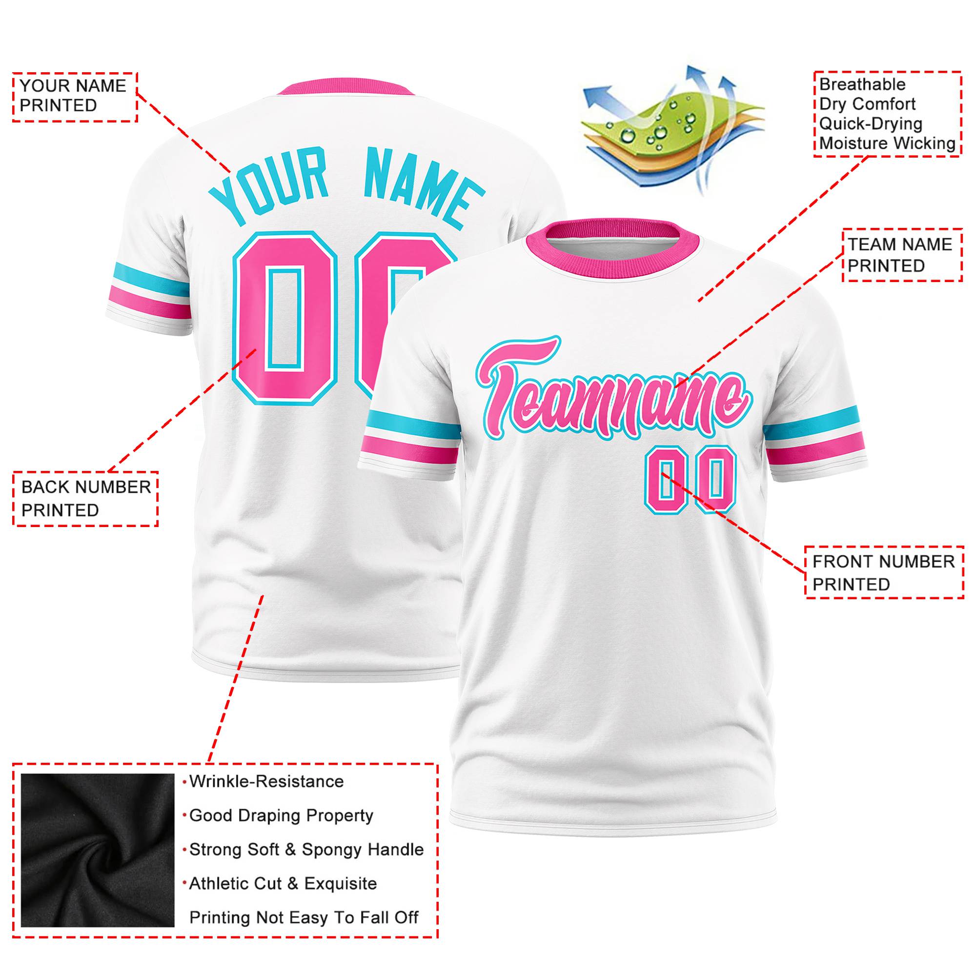 Custom White Sky Blue-Pink Color Block Design Performance T-Shirt