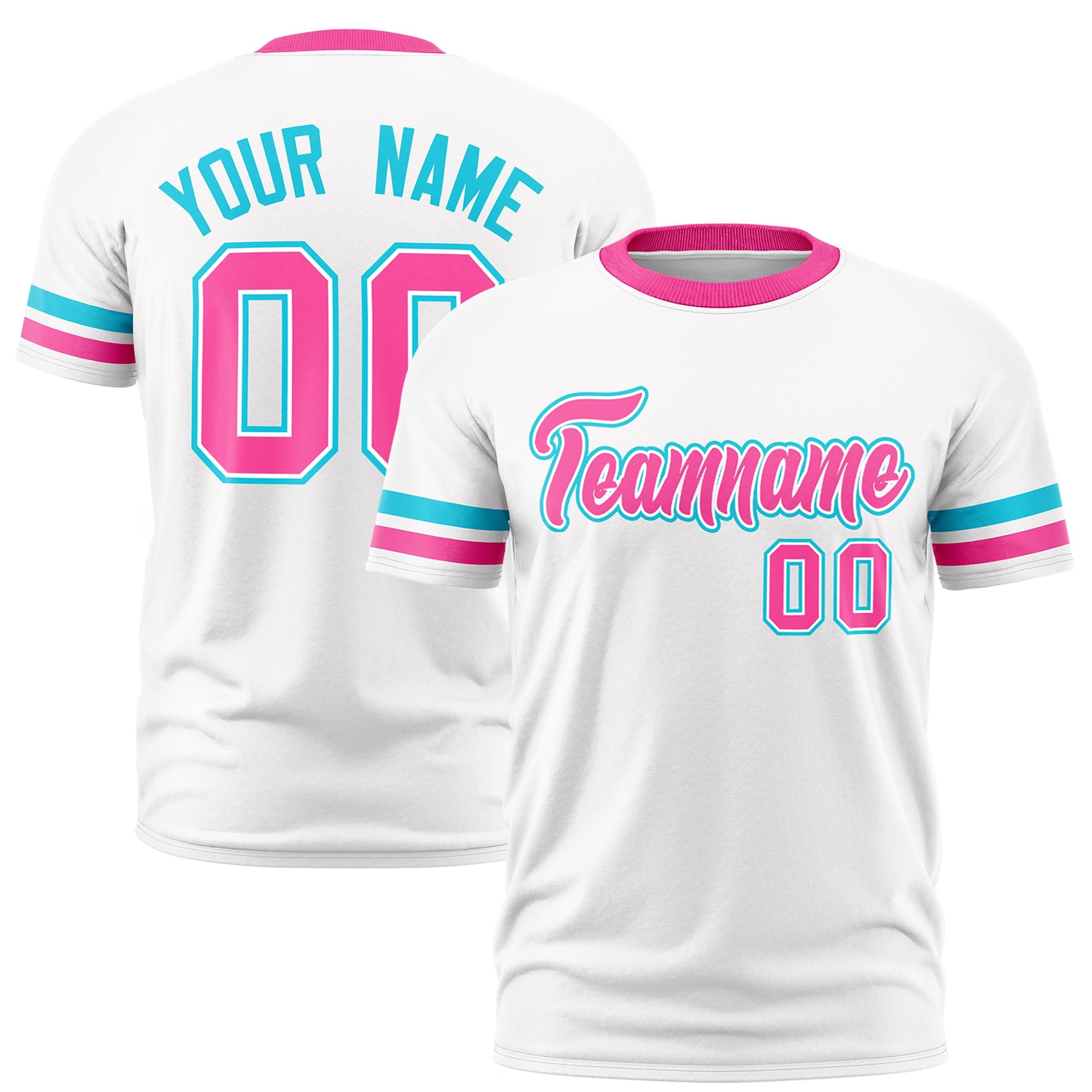 Custom White Sky Blue-Pink Color Block Design Performance T-Shirt