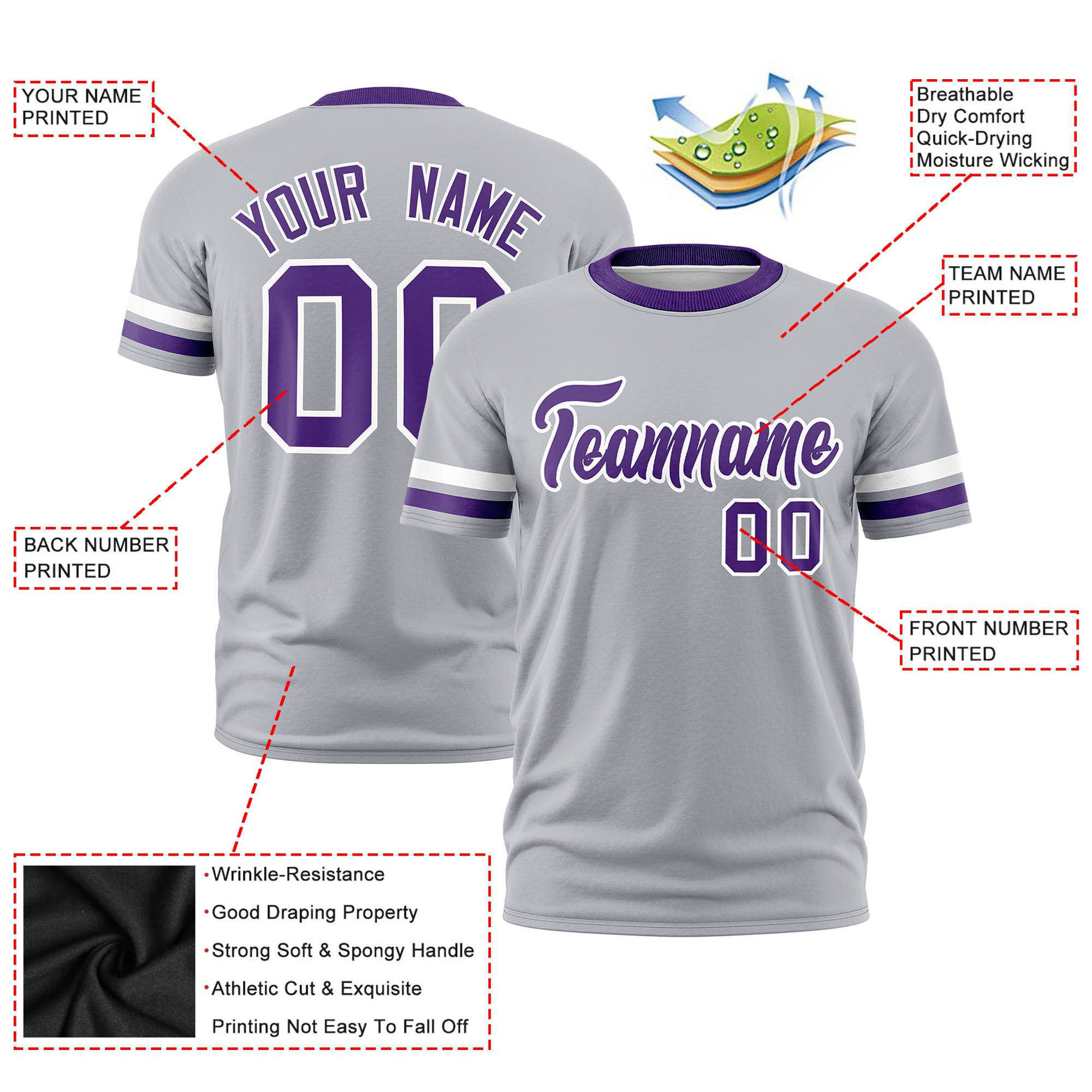 Custom Gray White-Purple Color Block Design Performance T-Shirt