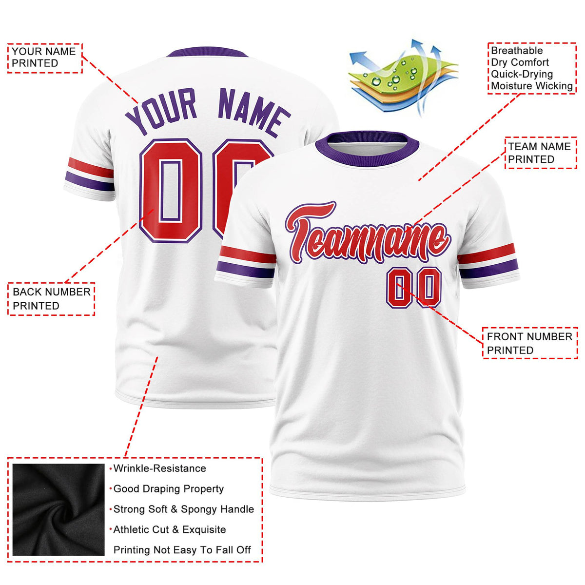 Custom White Red-Purple Color Block Design Performance T-Shirt
