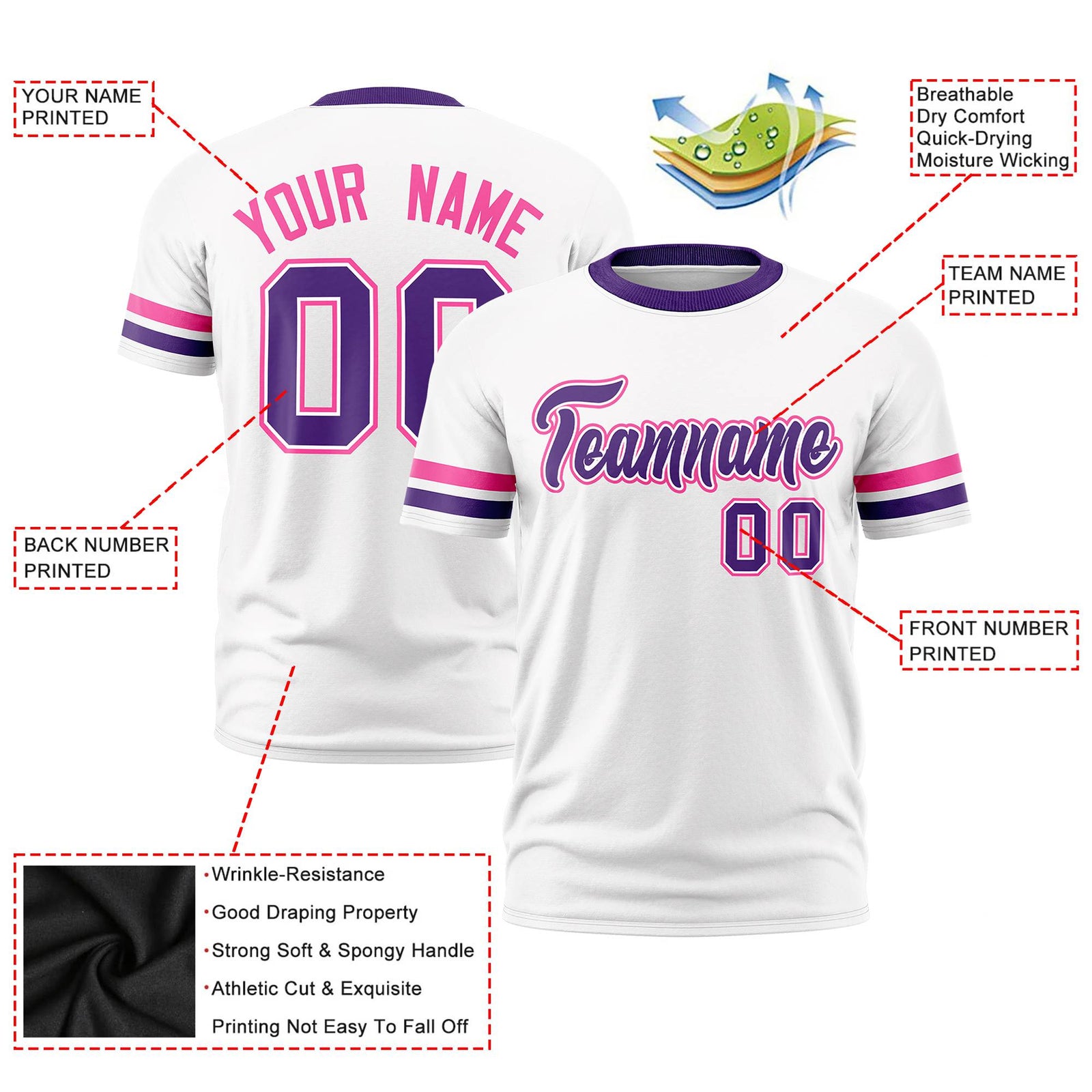 Custom White Pink-Purple Color Block Design Performance T-Shirt