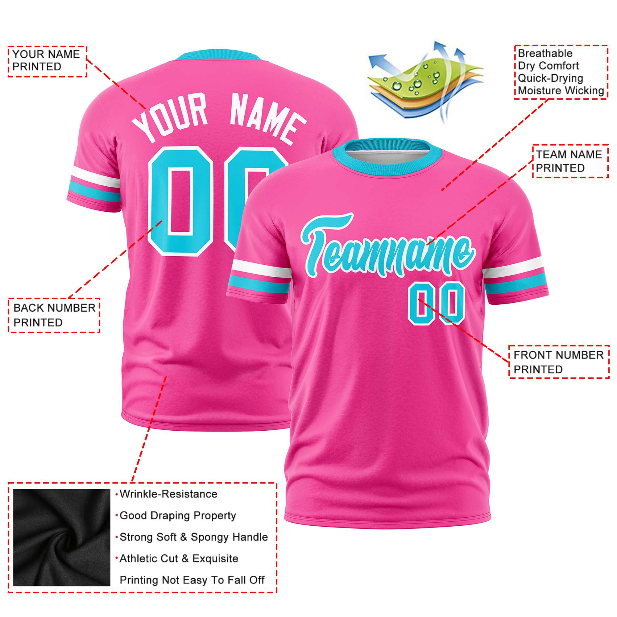 Custom Pink White-Sky Blue Color Block Design Performance T-Shirt