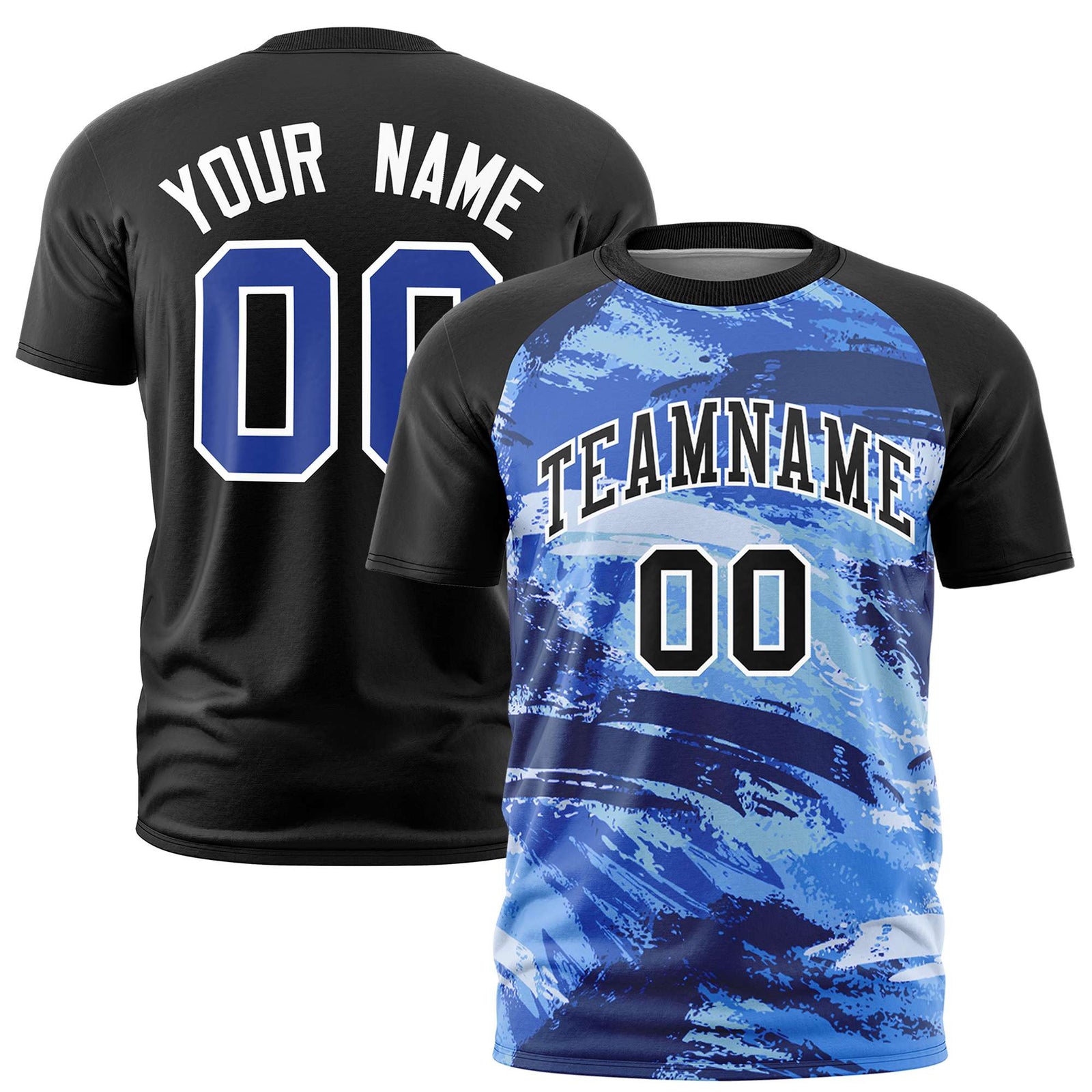 Custom Black Royal Blue Abstract Brush Stroke Performance T-Shirt