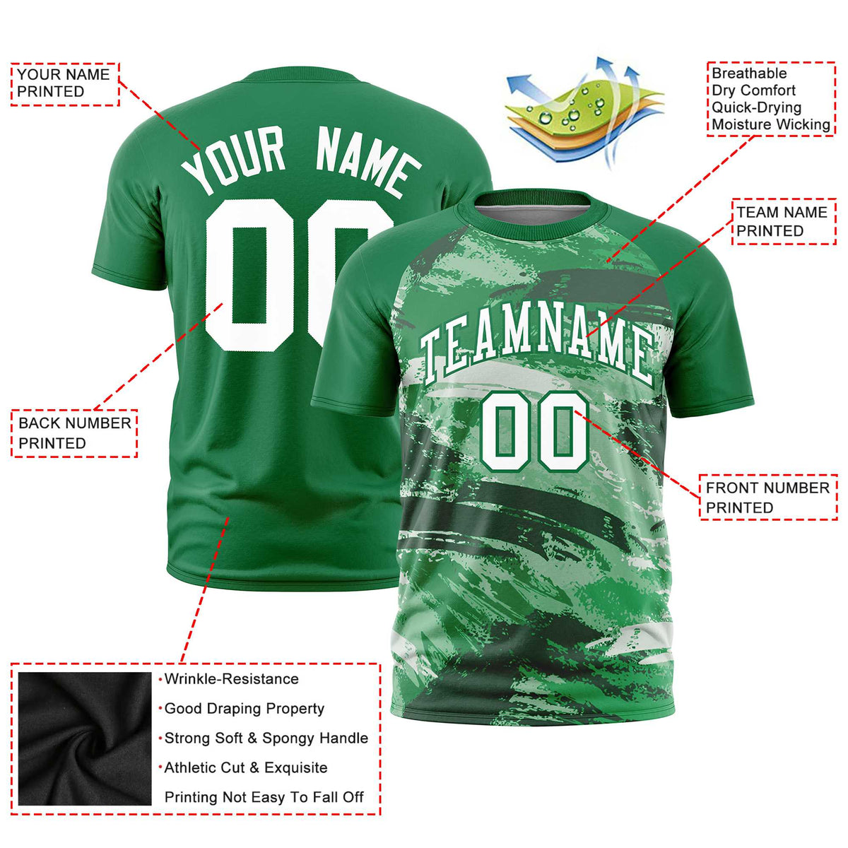 Custom Kelly Green White Abstract Brush Stroke Performance T-Shirt