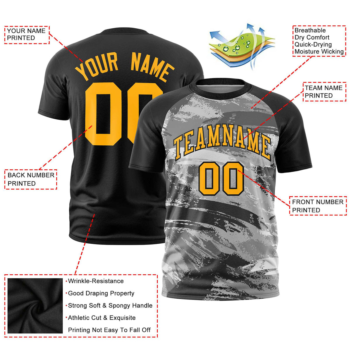 Custom Black Yellow Abstract Brush Stroke Performance T-Shirt