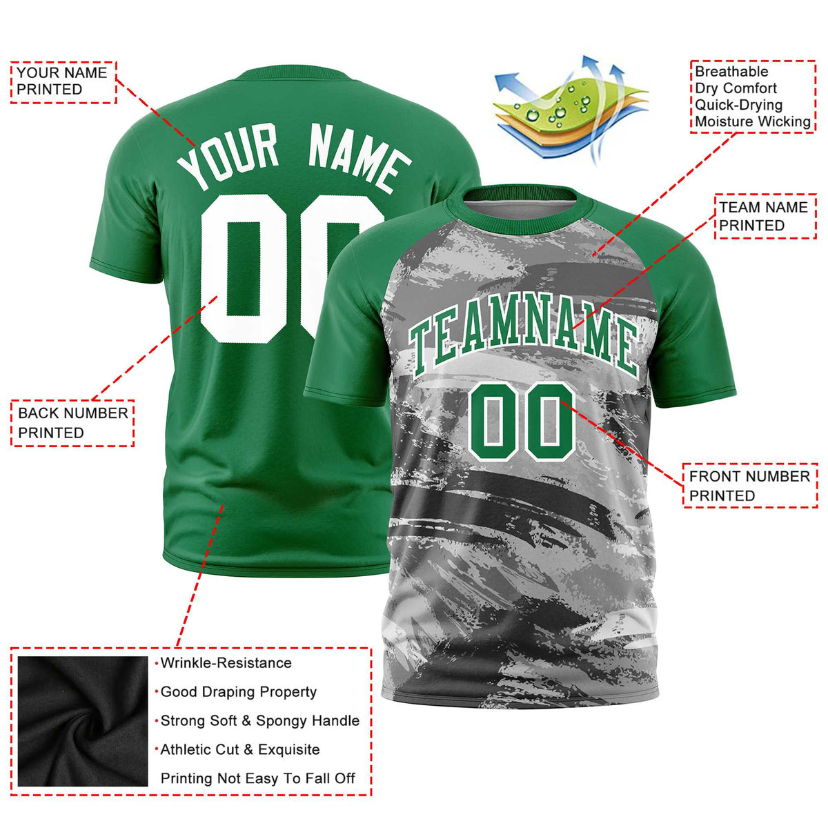 Custom Kelly Green Gray Abstract Brush Stroke Performance T-Shirt