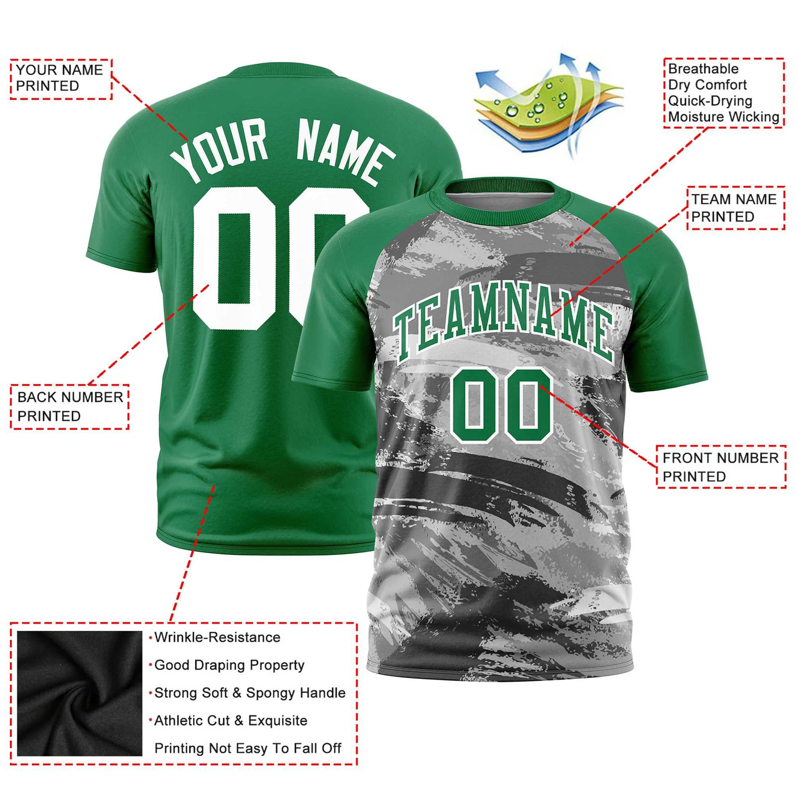 Custom Kelly Green Gray Abstract Brush Stroke Performance T-Shirt