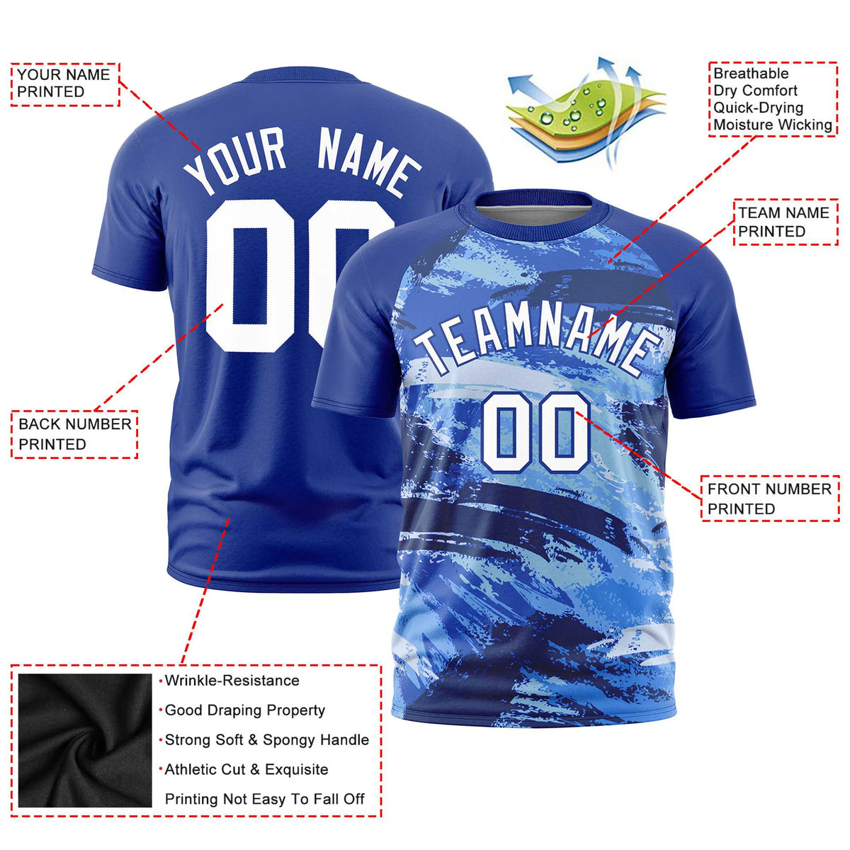 Custom Royal Blue White Abstract Brush Stroke Performance T-Shirt