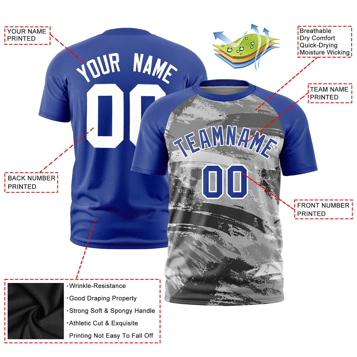 Custom Royal Blue Gray Abstract Brush Stroke Performance T-Shirt