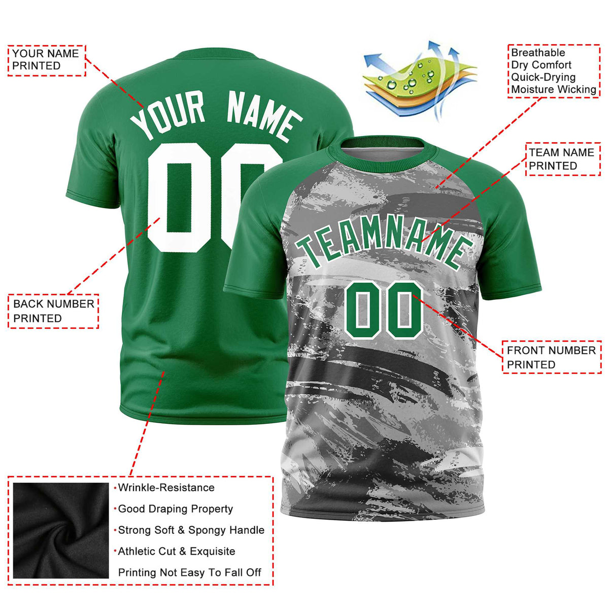 Custom Kelly Green Gray Abstract Brush Stroke Performance T-Shirt