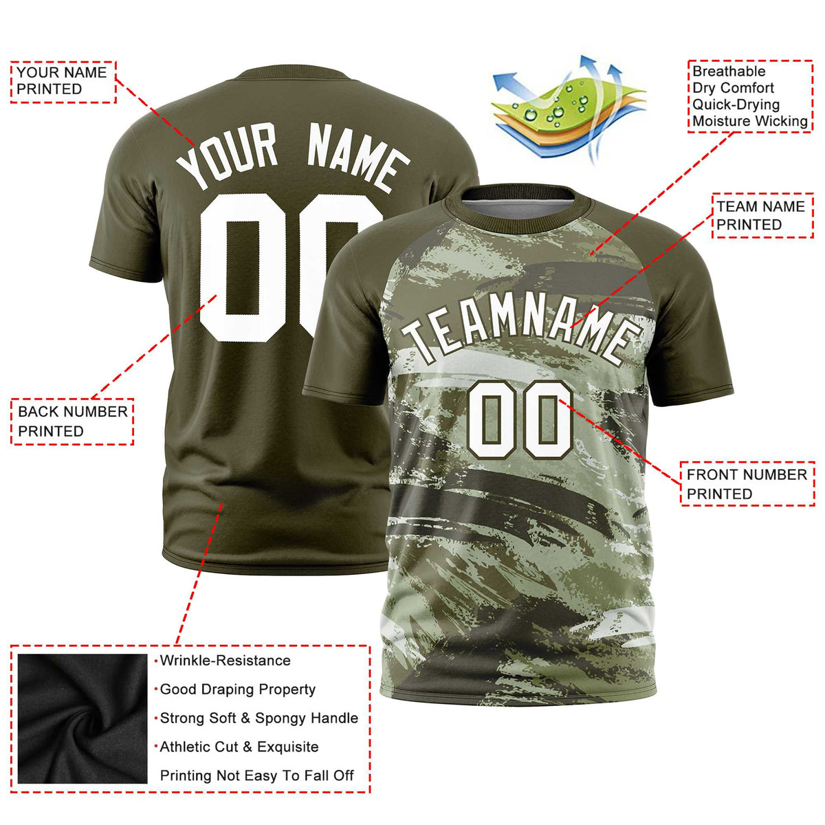 Custom Olive White Abstract Brush Stroke Performance T-Shirt