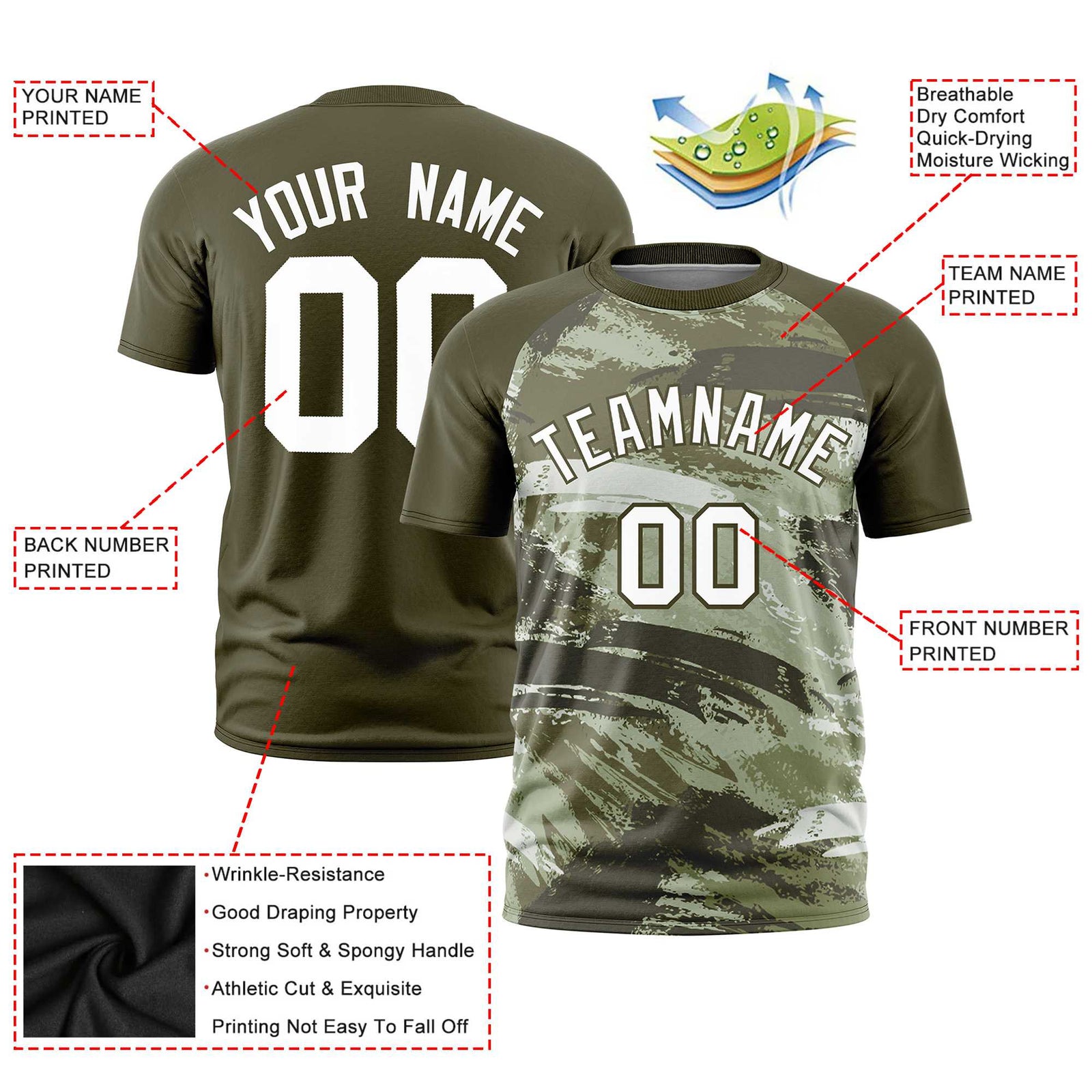 Custom Olive White Abstract Brush Stroke Performance T-Shirt