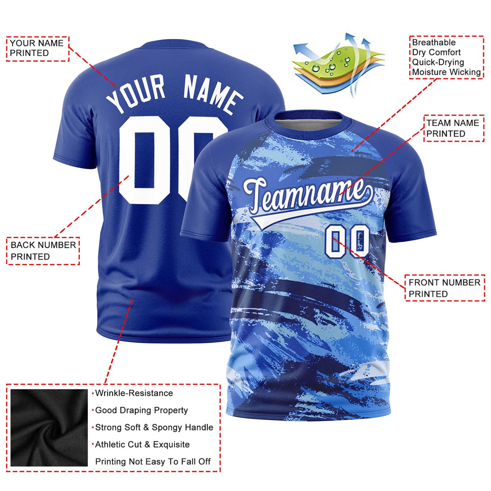 Custom Royal Blue White Abstract Brush Stroke Performance T-Shirt