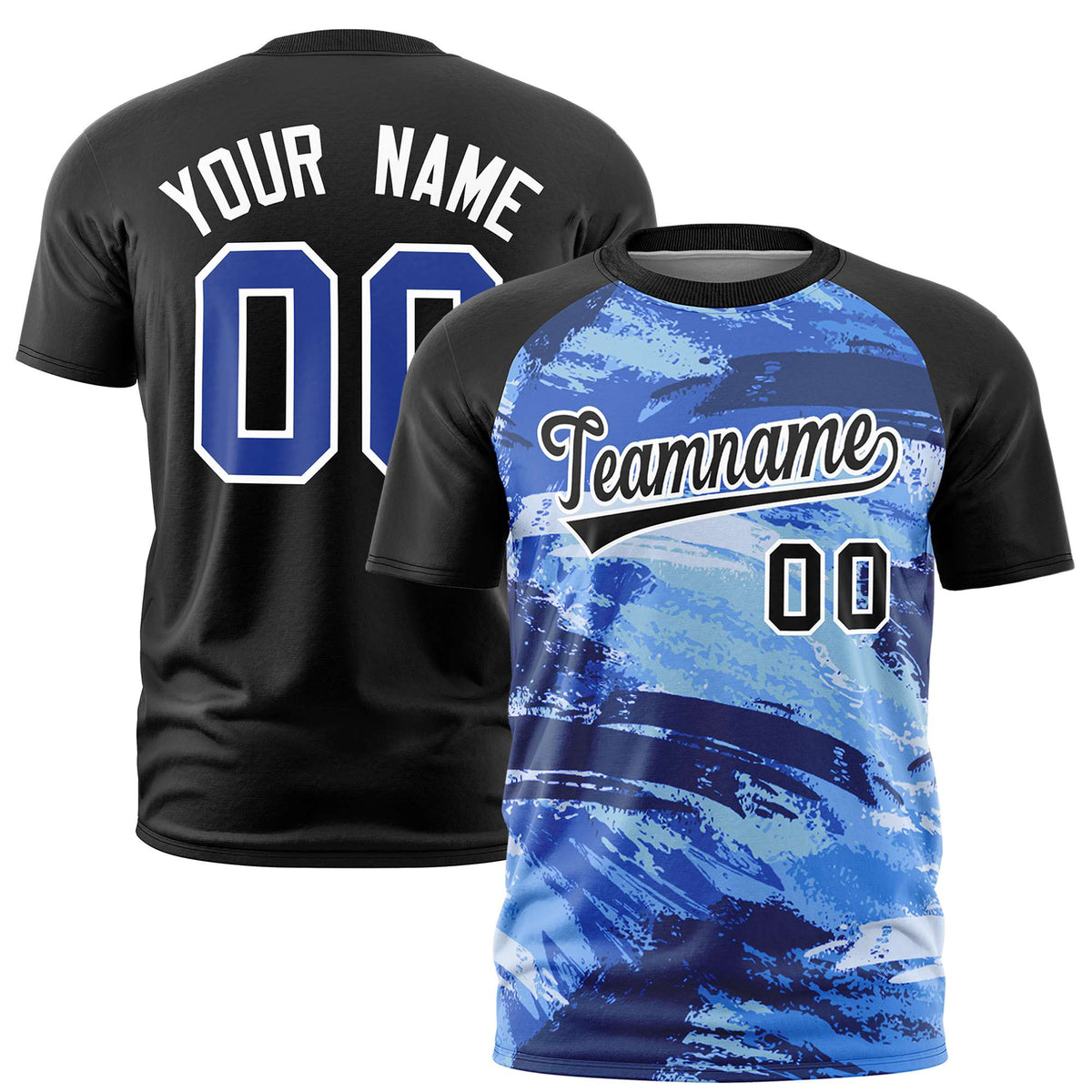 Custom Black Royal Blue Abstract Brush Stroke Performance T-Shirt