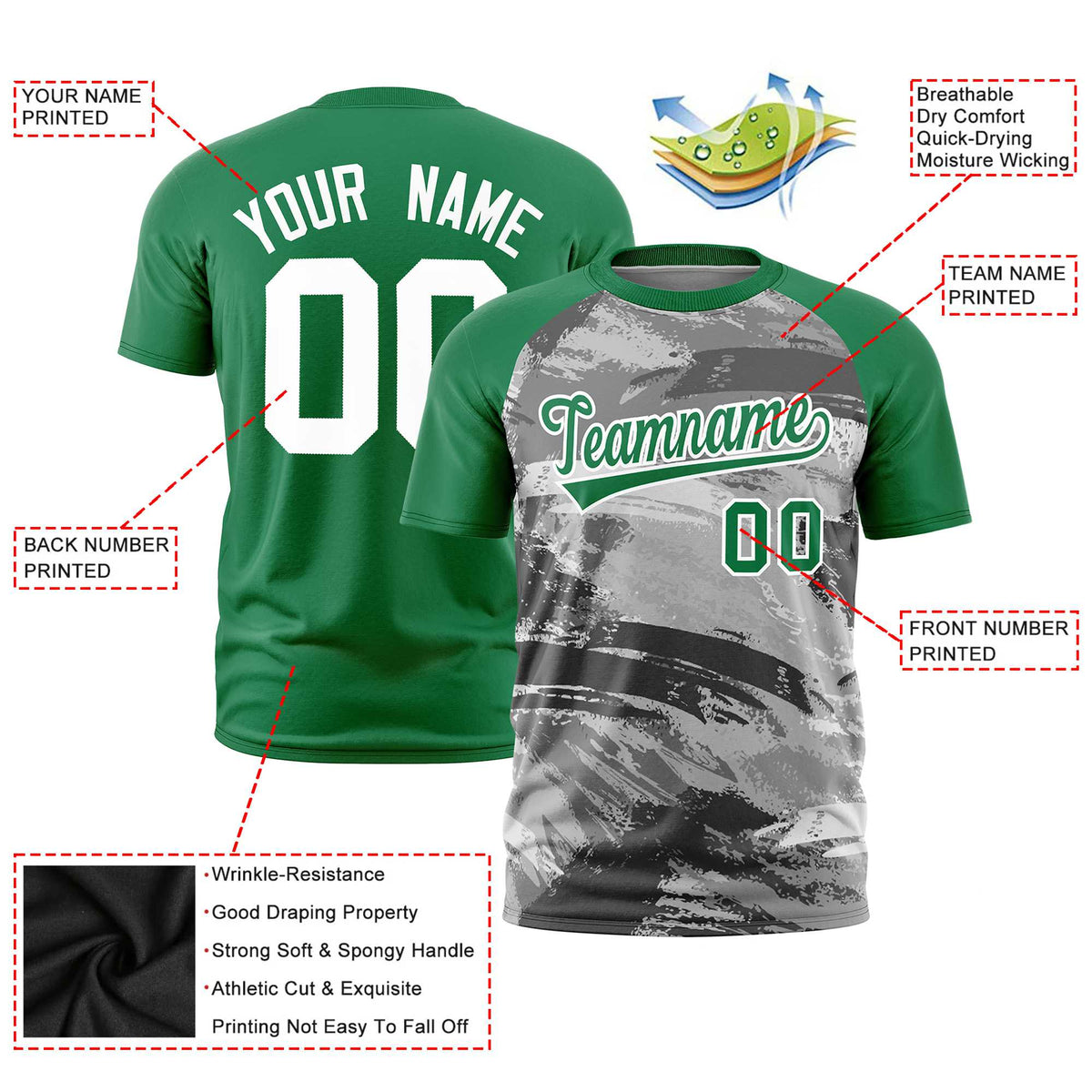 Custom Kelly Green Gray Abstract Brush Stroke Performance T-Shirt