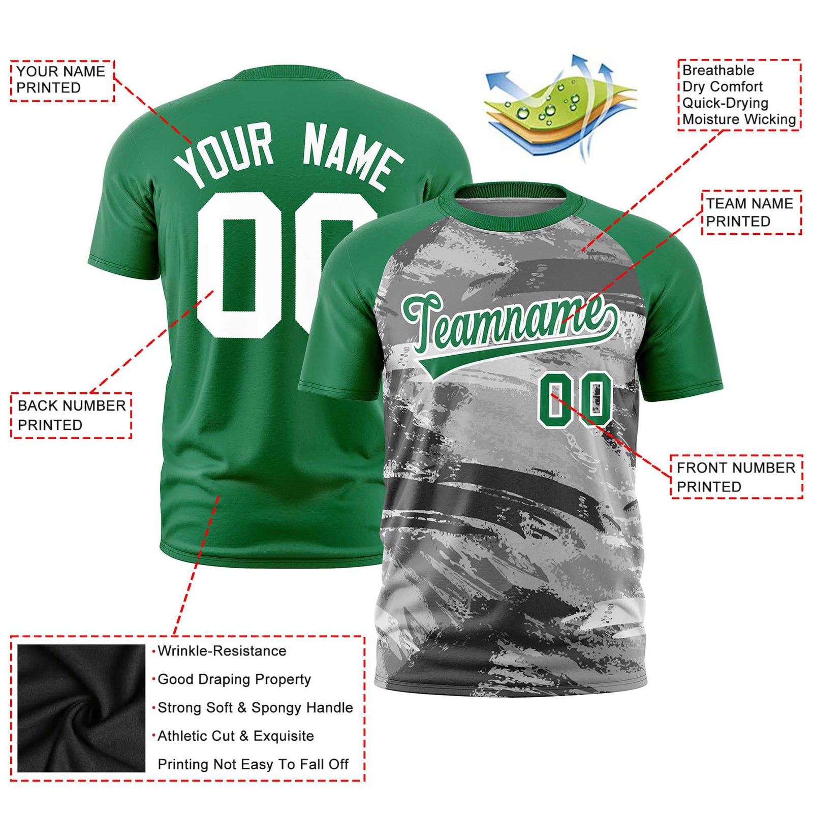 Custom Kelly Green Gray Abstract Brush Stroke Performance T-Shirt