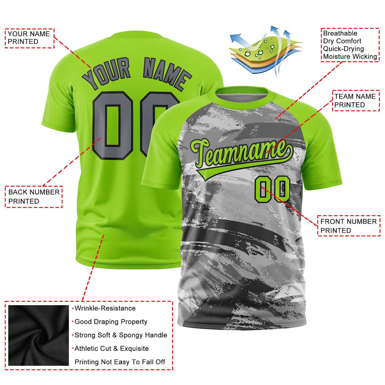Custom Neon Green Gray Abstract Brush Stroke Performance T-Shirt