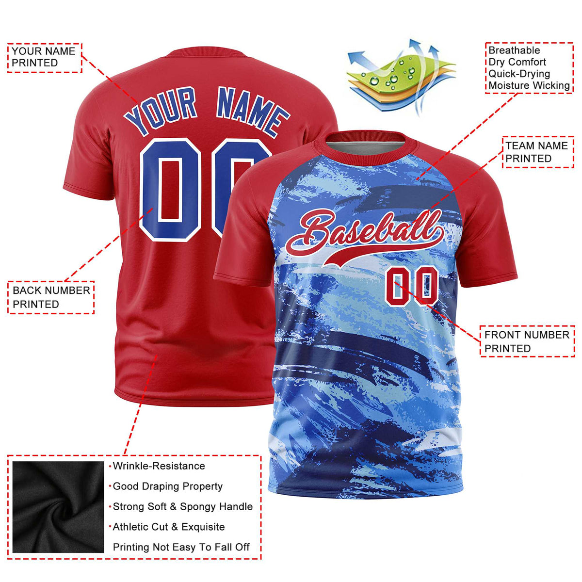 Custom Red Royal Blue Abstract Brush Stroke Performance T-Shirt