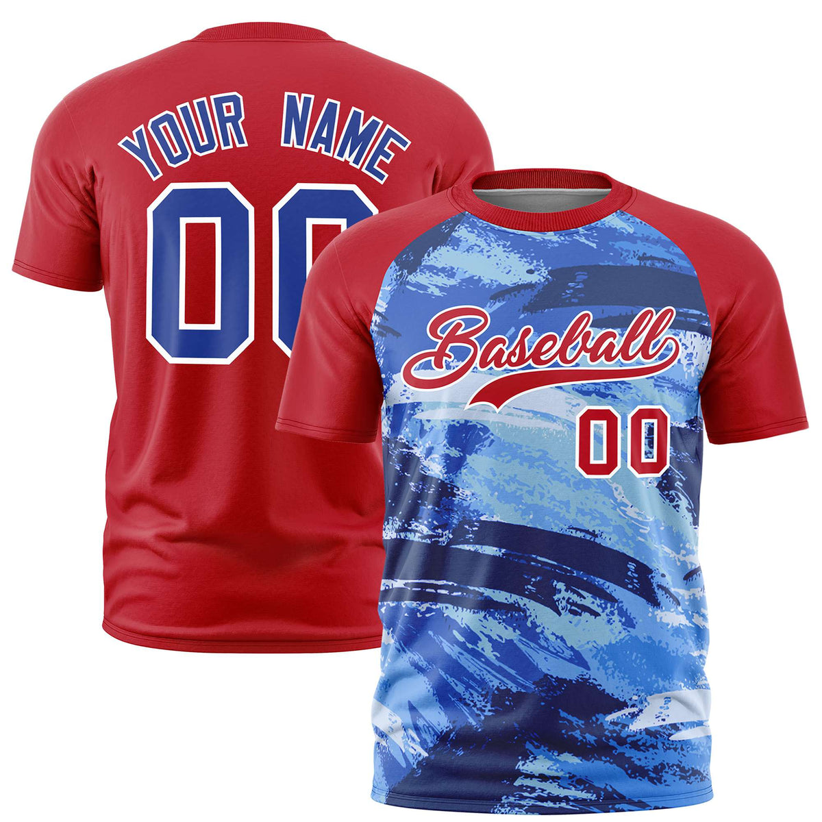 Custom Red Royal Blue Abstract Brush Stroke Performance T-Shirt