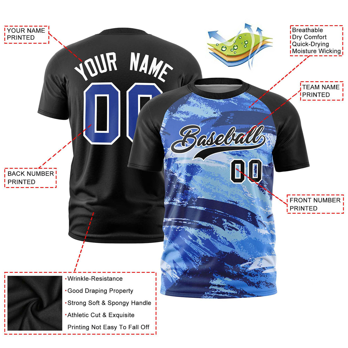 Custom Black Royal Blue Abstract Brush Stroke Performance T-Shirt